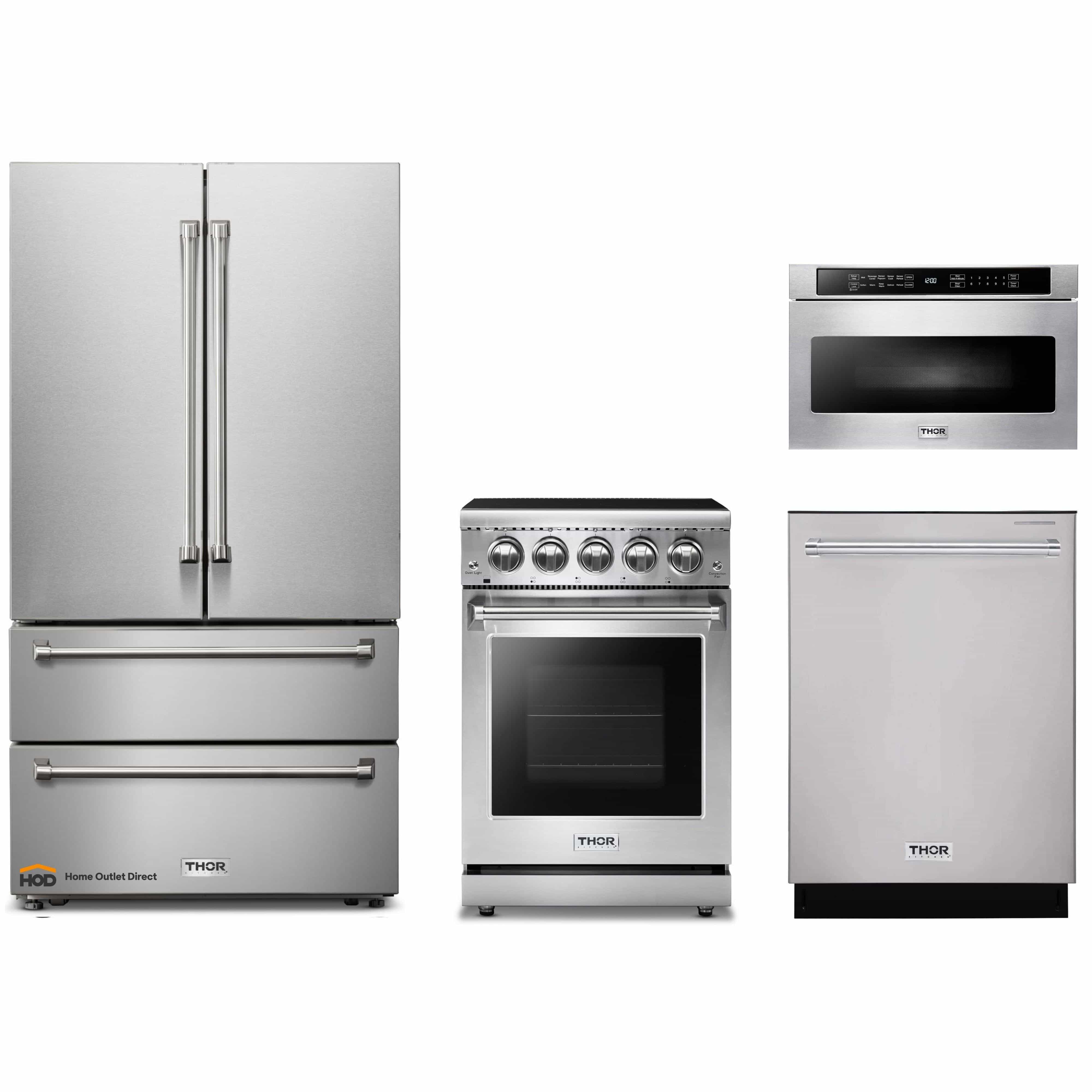 Thor Kitchen 4-Piece Appliance Package - 24-Inch Electric Range, French Door Refrigerator, Dishwasher, and Microwave Drawer in Stainless Steel