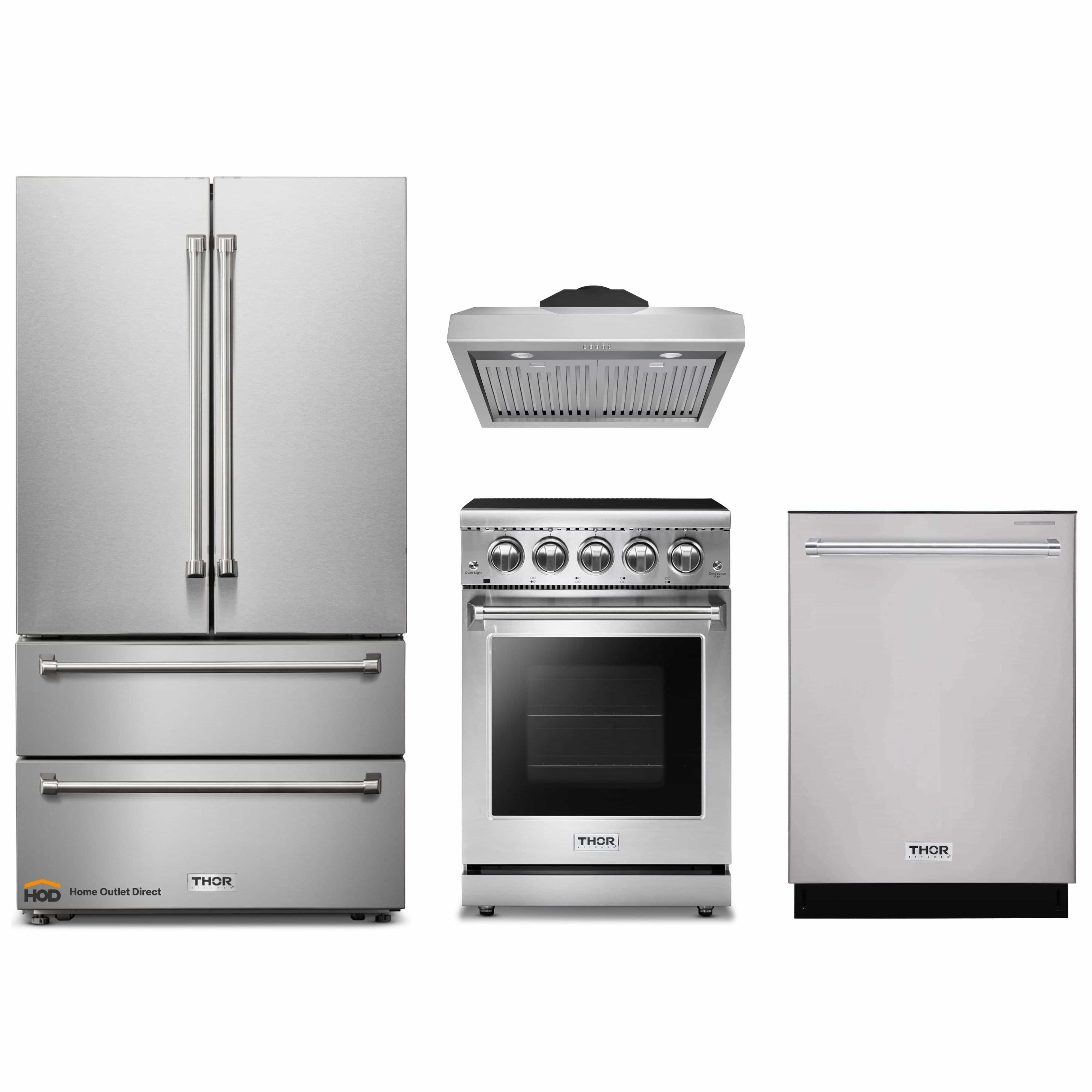 Thor Kitchen 4-Piece Appliance Package - 24-Inch Electric Range, French Door Refrigerator, Under Cabinet Hood, and Dishwasher in Stainless Steel