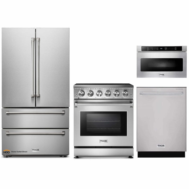 Thor Kitchen 4-Piece Appliance Package - 30-Inch Electric Range, French Door Refrigerator, Dishwasher, and Microwave Drawer in Stainless Steel