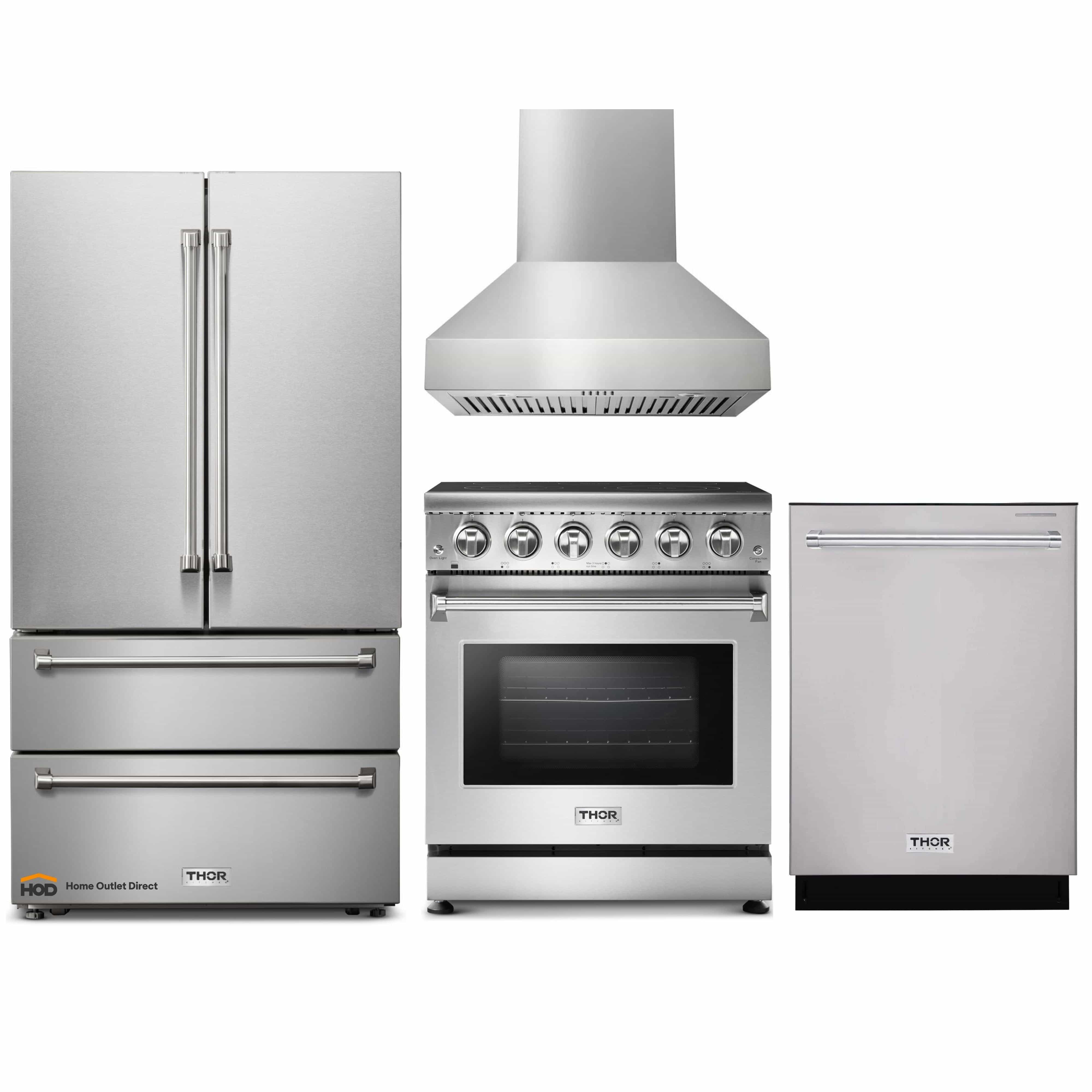 Thor Kitchen 4-Piece Appliance Package - 30-Inch Electric Range, French Door Refrigerator, Pro-Style Wall Mount Hood, and Dishwasher in Stainless Steel