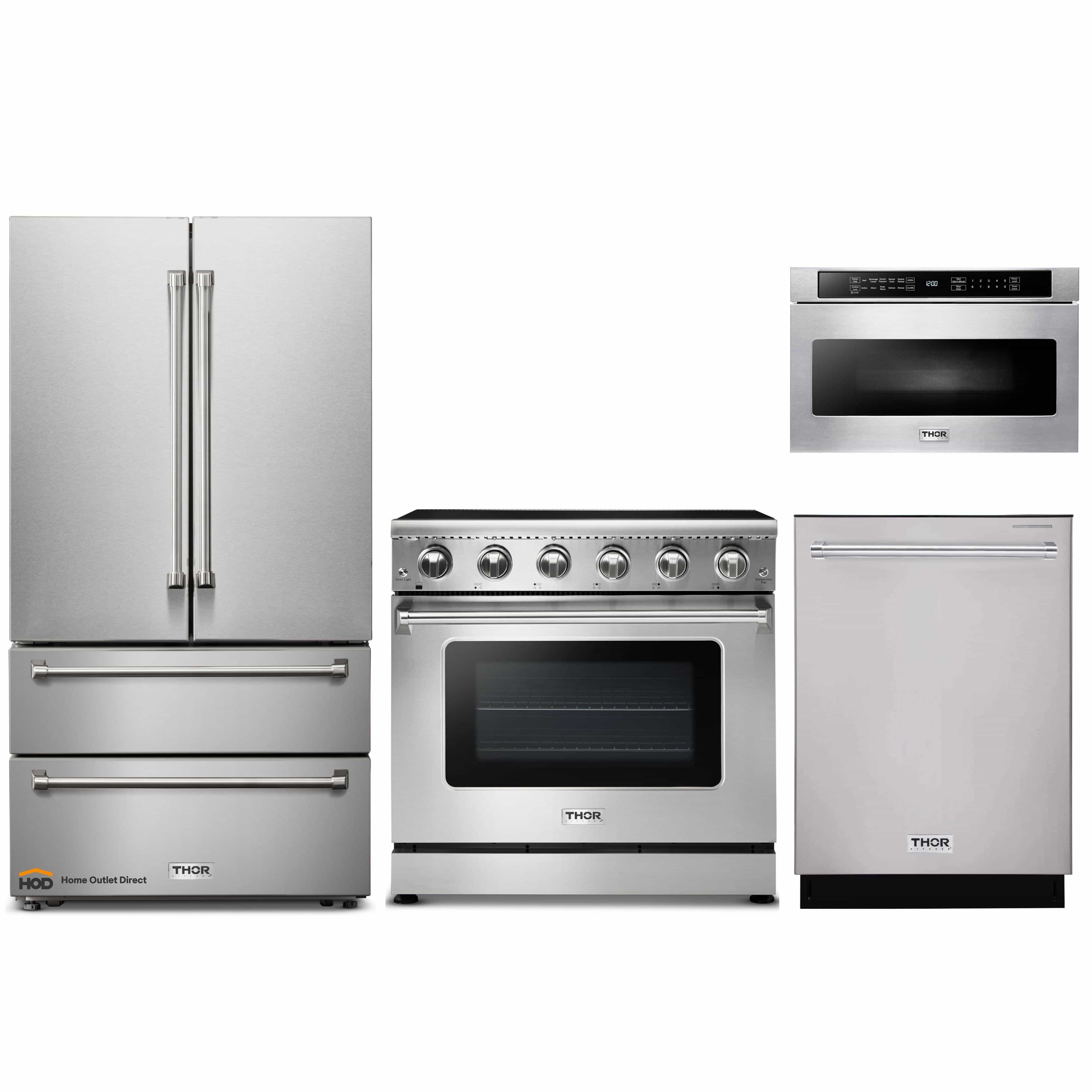 Thor Kitchen 4-Piece Appliance Package - 36-Inch Electric Range, French Door Refrigerator, Dishwasher, and Microwave Drawer in Stainless Steel
