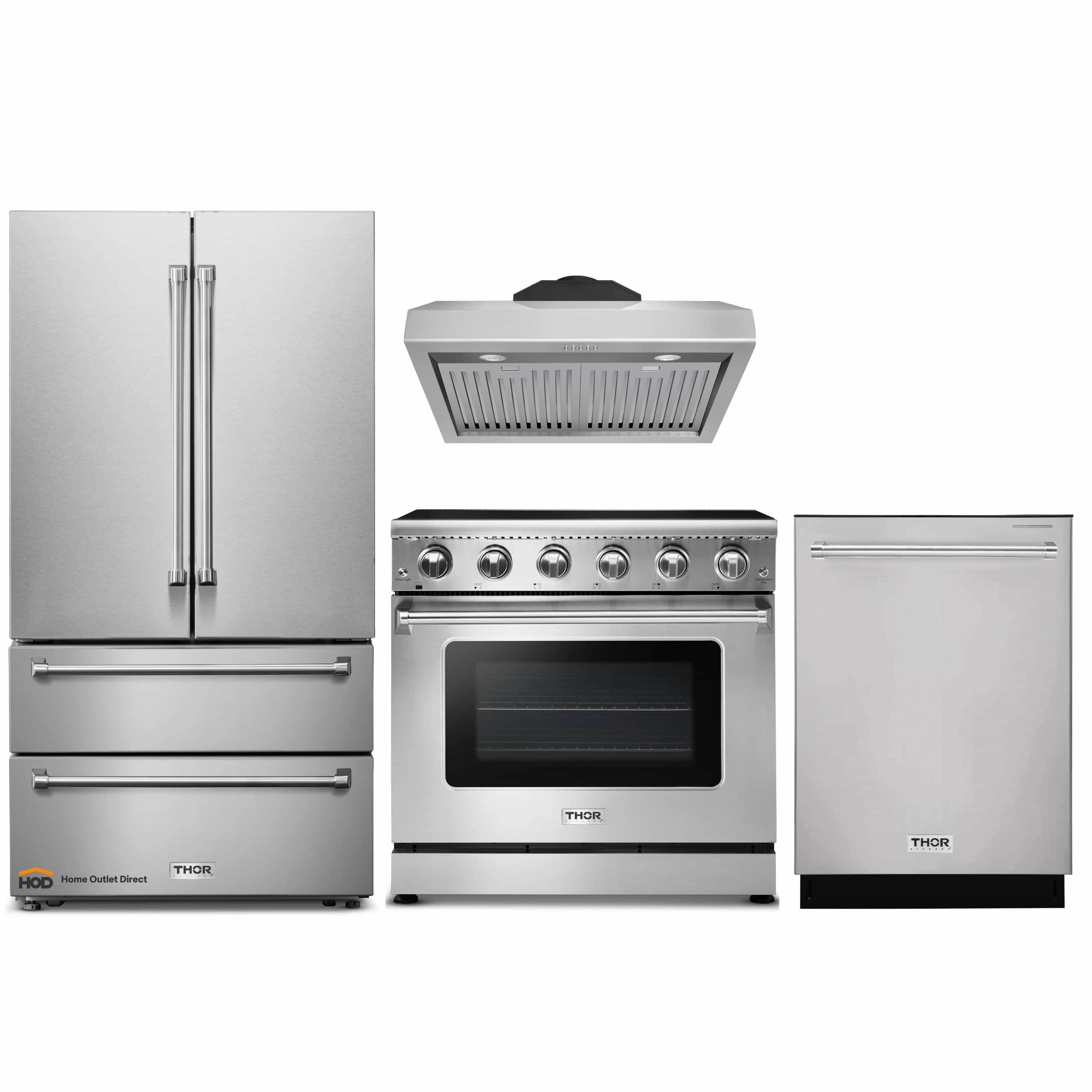 Thor Kitchen 4-Piece Appliance Package - 36-Inch Electric Range, French Door Refrigerator, Under Cabinet Hood, and Dishwasher in Stainless Steel
