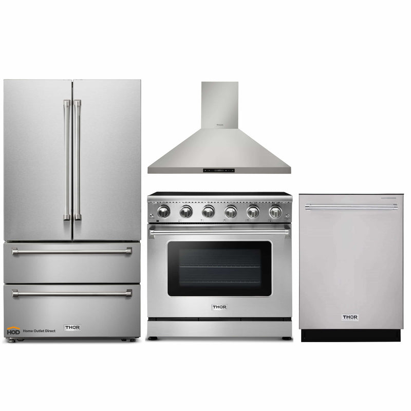 Thor Kitchen 4-Piece Appliance Package - 36-Inch Electric Range, French Door Refrigerator, Wall Mount Hood, and Dishwasher in Stainless Steel