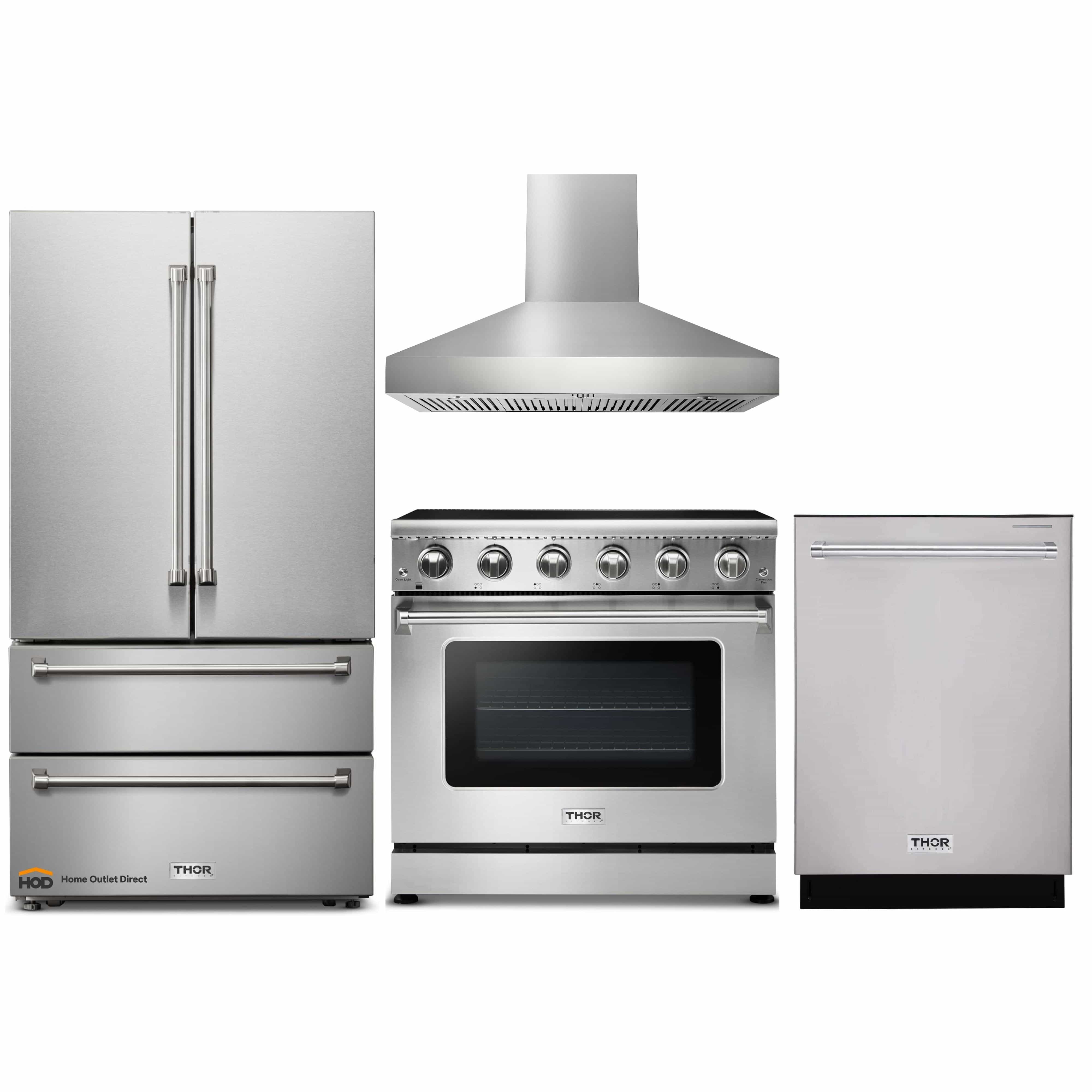 Thor Kitchen 4-Piece Appliance Package - 36-Inch Electric Range, French Door Refrigerator, Pro-Style Wall Mount Hood, and Dishwasher in Stainless Steel