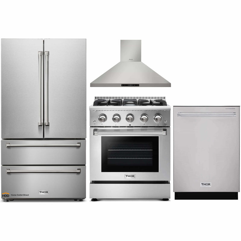 Thor Kitchen 4-Piece Pro Appliance Package - 30-Inch Gas Range, French Door Refrigerator, Wall Mount Hood and Dishwasher in Stainless Steel