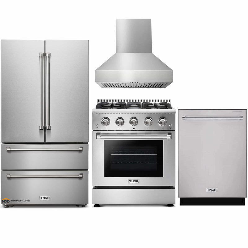 Thor Kitchen 4-Piece Pro Appliance Package - 30-Inch Gas Range, French Door Refrigerator, Pro-StyleWall Mount Hood and Dishwasher in Stainless Steel