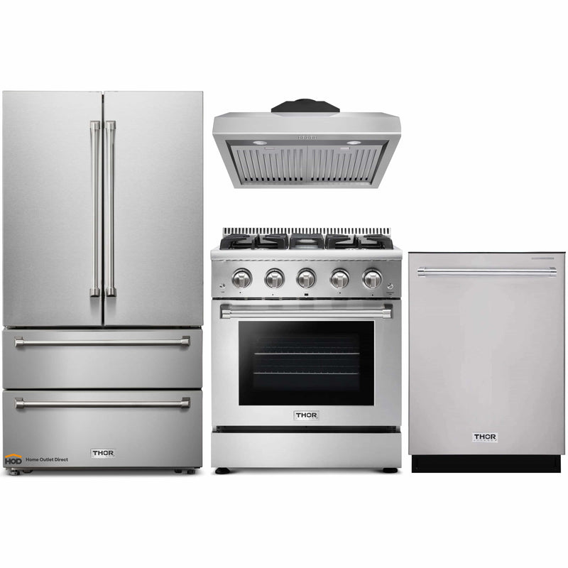 Thor Kitchen 4-Piece Pro Appliance Package - 30-Inch Gas Range, French Door Refrigerator, Under Cabinet Hood and Dishwasher in Stainless Steel