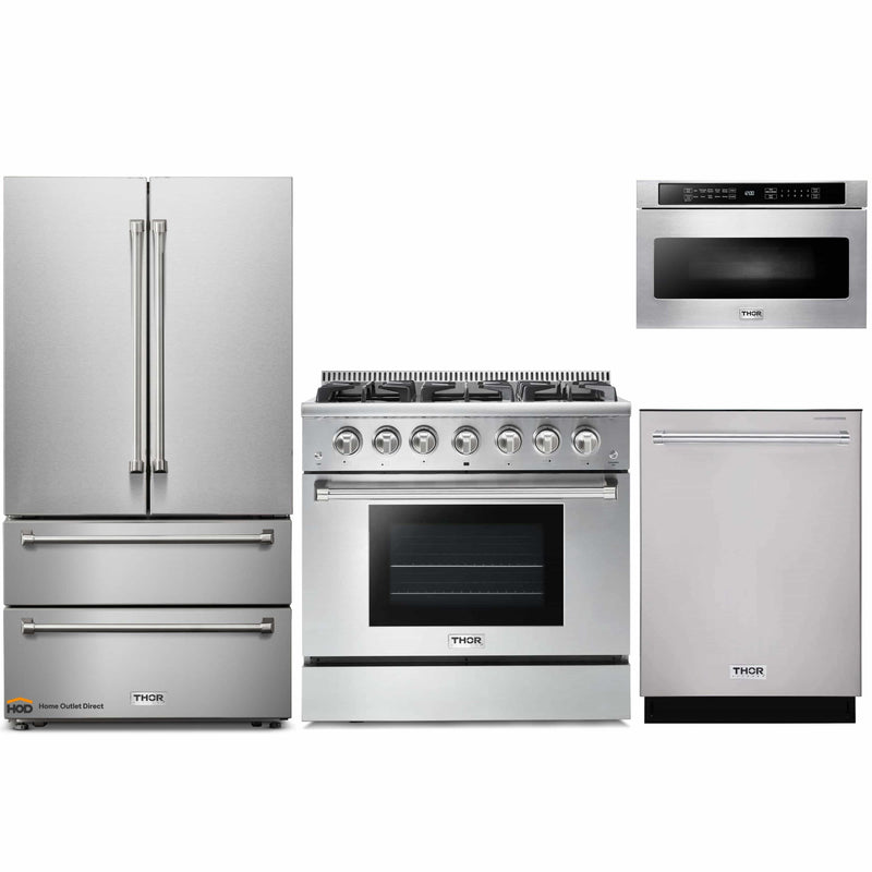 Thor Kitchen 4-Piece Pro Appliance Package - 36-Inch Gas Range, French Door Refrigerator, Dishwasher, and Microwave Drawer in Stainless Steel