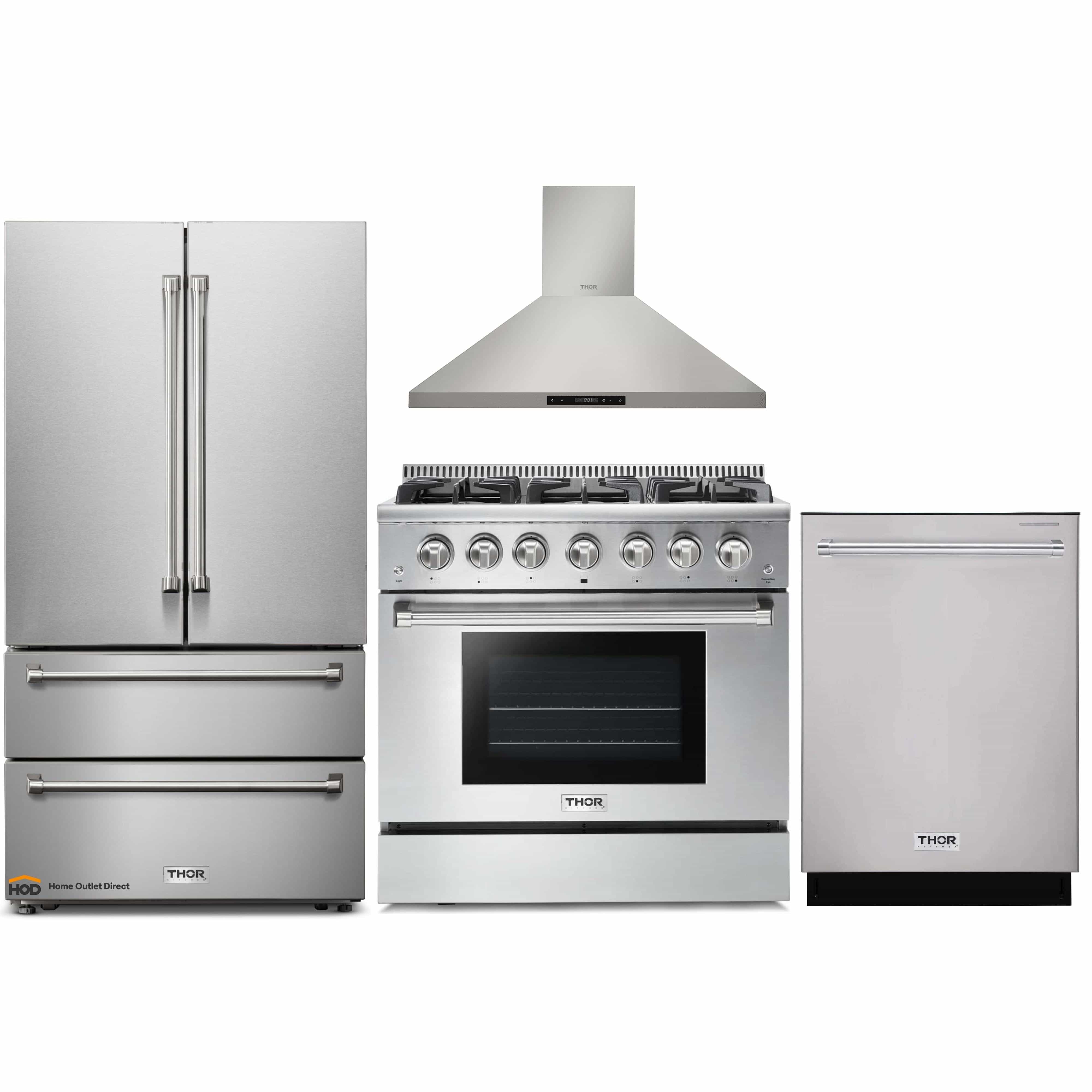 Thor Kitchen 4-Piece Pro Appliance Package - 36-Inch Gas Range, French Door Refrigerator, Wall Mount Hood and Dishwasher in Stainless Steel