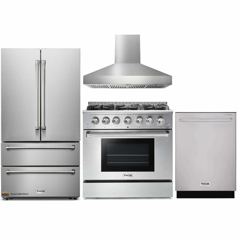 Thor Kitchen 4-Piece Pro Appliance Package - 36-Inch Gas Range, French Door Refrigerator, Pro-Style Wall Mount Hood and Dishwasher in Stainless Steel