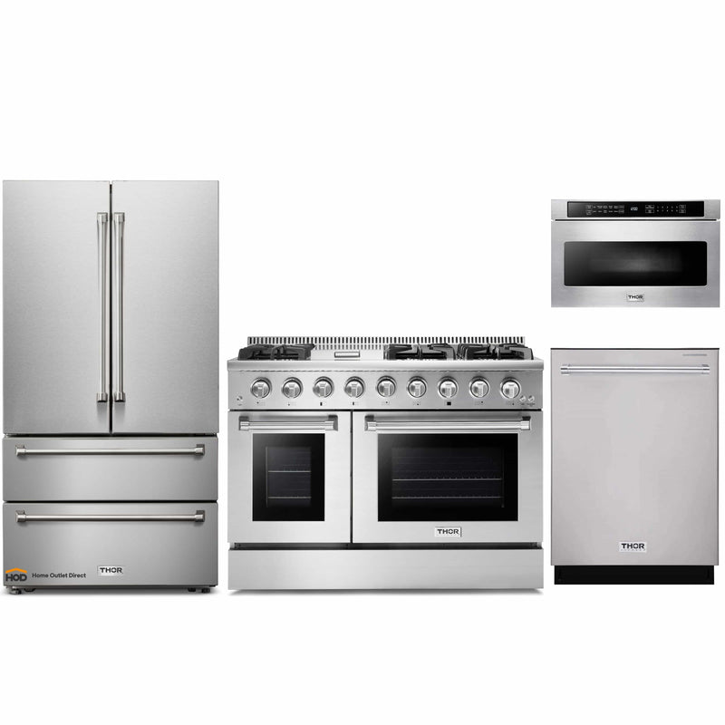 Thor Kitchen 4-Piece Pro Appliance Package - 48-Inch Gas Range, French Door Refrigerator, Dishwasher, and Microwave Drawer in Stainless Steel