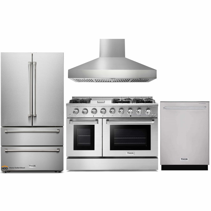 Thor Kitchen 4-Piece Pro Appliance Package - 48-Inch Gas Range, Pro Wall Mount Hood, French Door Refrigerator, and Dishwasher in Stainless Steel
