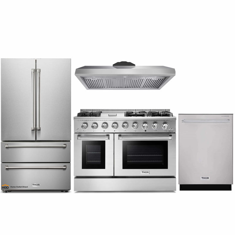 Thor Kitchen 4-Piece Pro Appliance Package - 48-Inch Gas Range, French Door Refrigerator, Dishwasher & Under Cabinet 11-Inch Tall Hood in Stainless Steel