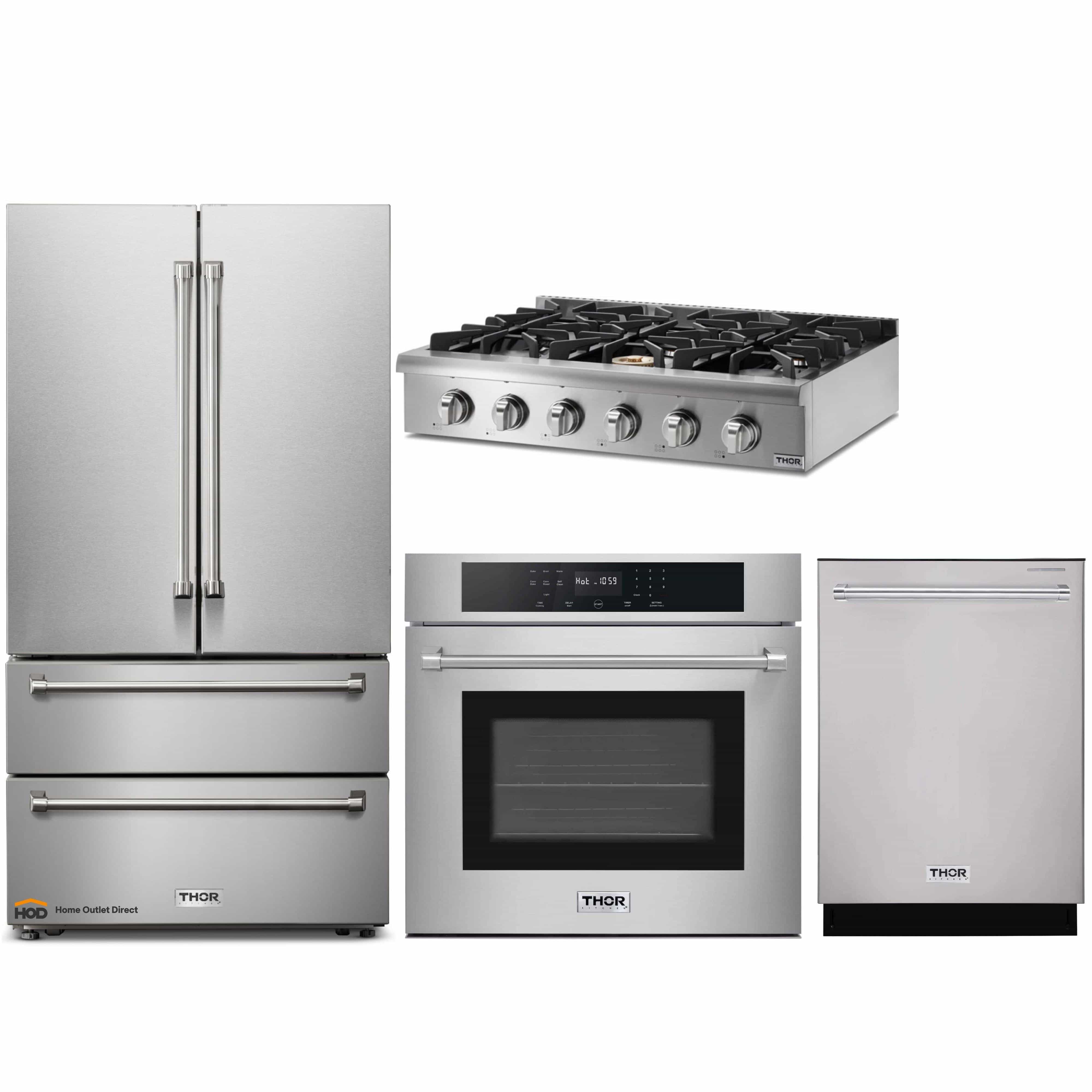 Thor Kitchen 4-Piece Pro Appliance Package - 36-Inch Rangetop, Electric Wall Oven, Dishwasher & Refrigerator in Stainless Steel