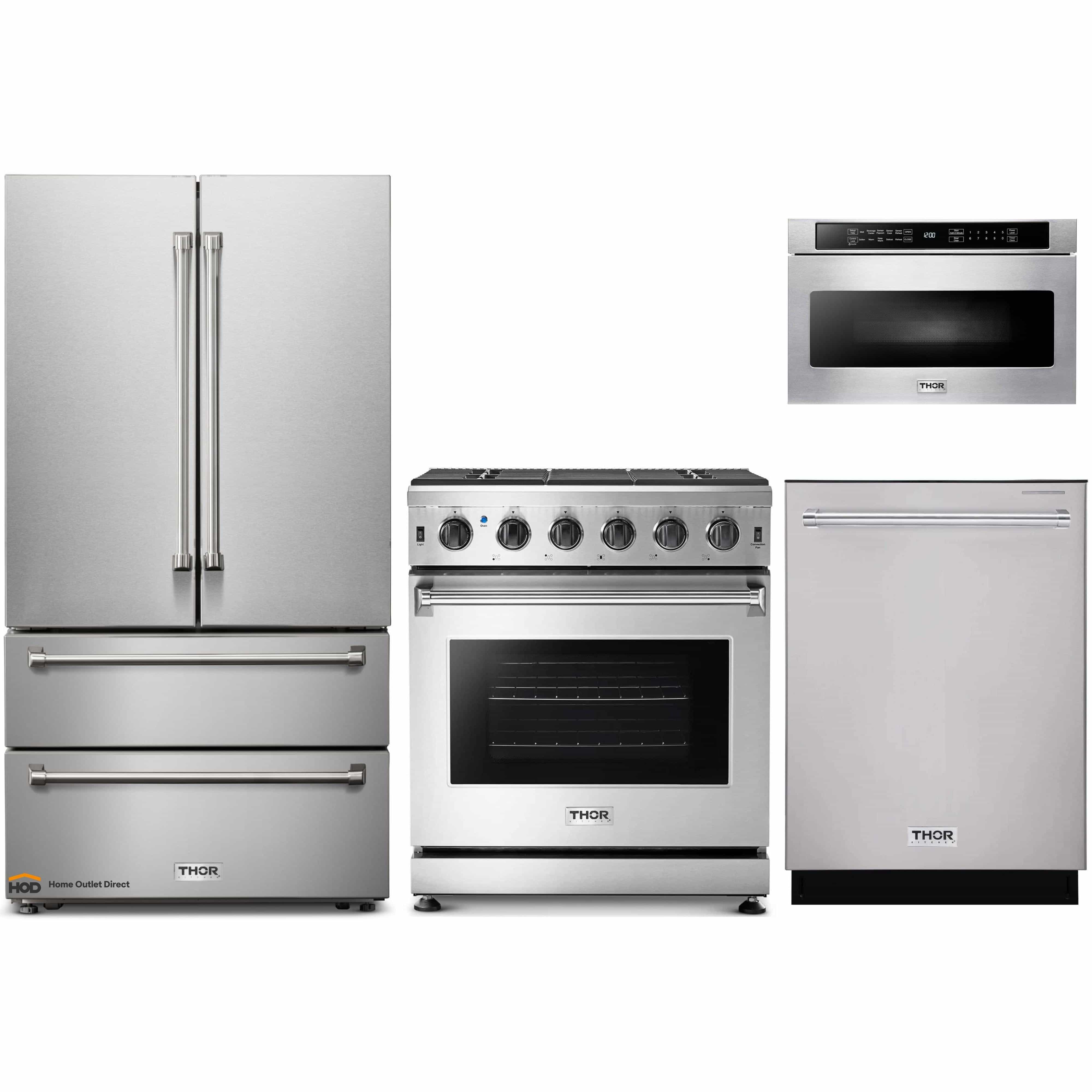 Thor Kitchen 4-Piece Appliance Package - 30-Inch Gas Range, French Door Refrigerator, Dishwasher, and Microwave Drawer in Stainless Steel
