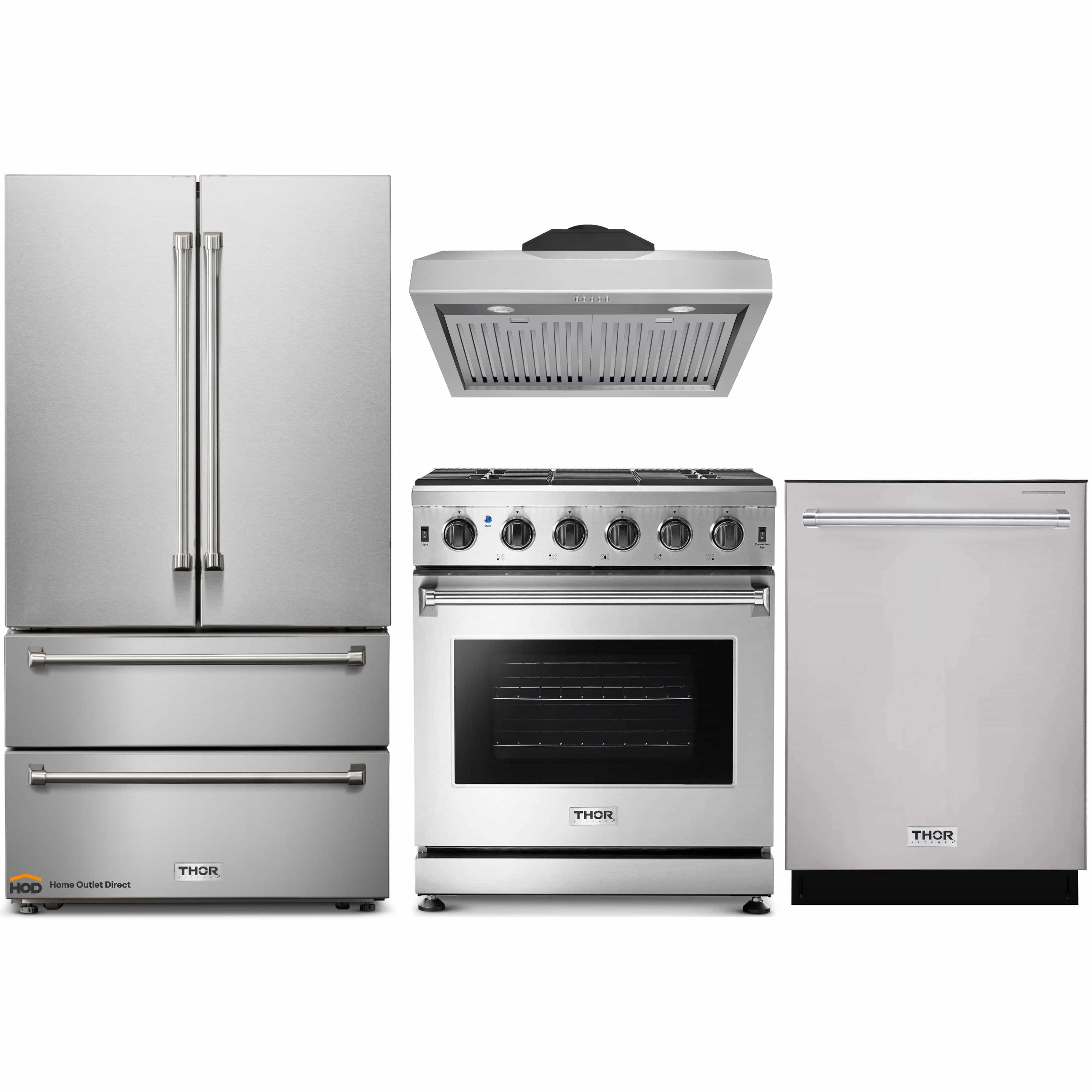 Thor Kitchen A4-Piece Appliance Package - 30-Inch Gas Range, French Door Refrigerator, Under Cabinet Hood and Dishwasher in Stainless Steel