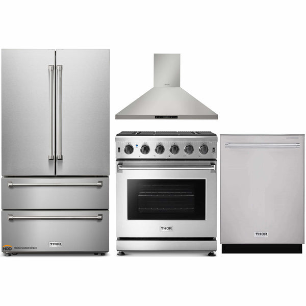 Thor Kitchen 4-Piece Appliance Package - 30-Inch Gas Range, French Door Refrigerator, Wall Mount Hood, and Dishwasher in Stainless Steel