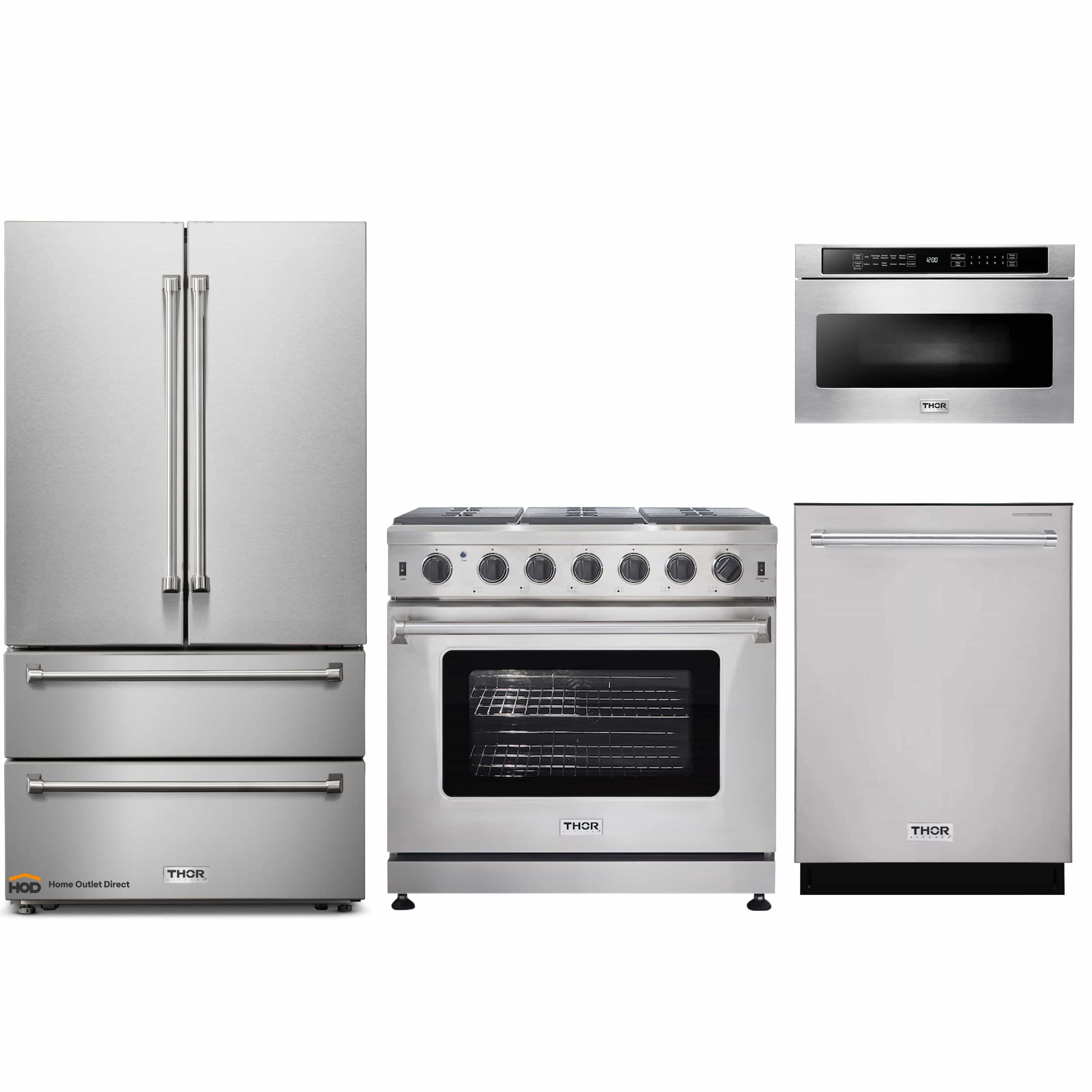 Thor Kitchen 4-Piece Appliance Package - 36-Inch Gas Range, French Door Refrigerator, Dishwasher, and Microwave Drawer in Stainless Steel