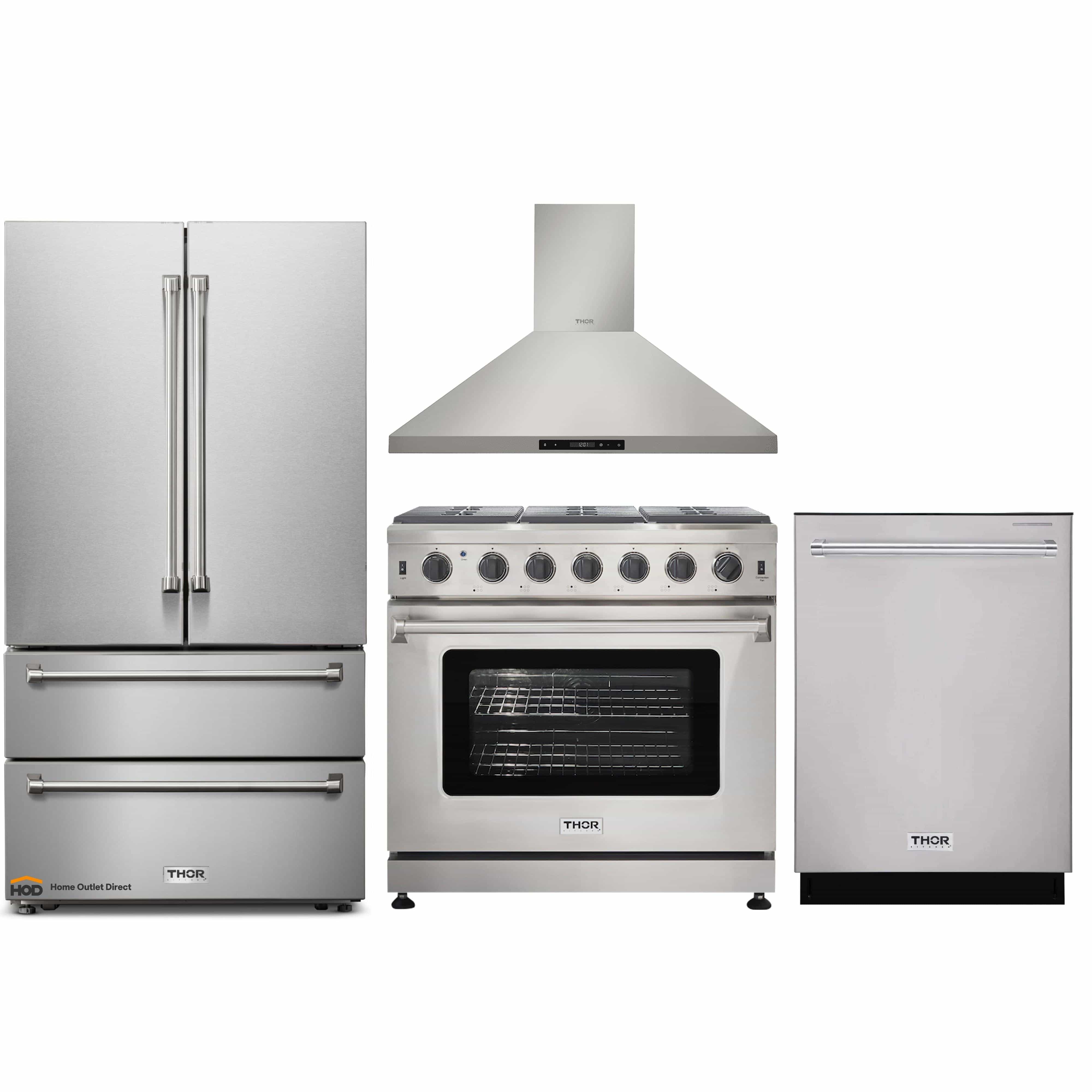 Thor Kitchen 4-Piece Appliance Package - 36-Inch Gas Range, French Door Refrigerator, Wall Mount Hood, and Dishwasher in Stainless Steel