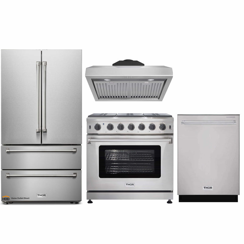 Thor Kitchen 4-Piece Appliance Package - 36-Inch Gas Range, French Door Refrigerator, Under Cabinet Hood and Dishwasher in Stainless Steel