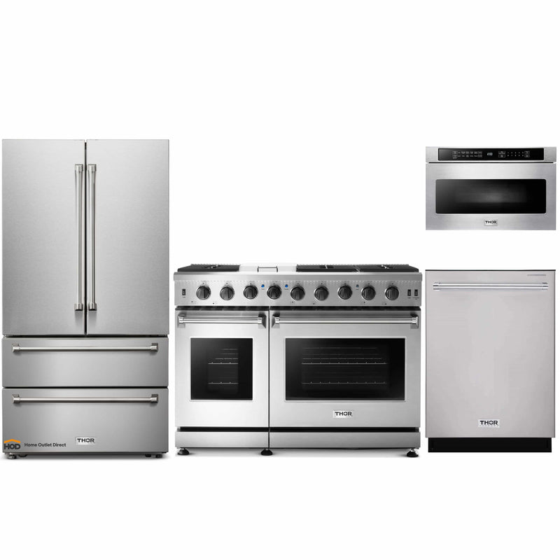 Thor Kitchen 4-Piece Appliance Package - 48-Inch Gas Range, French Door Refrigerator, Dishwasher, and Microwave Drawer in Stainless Steel