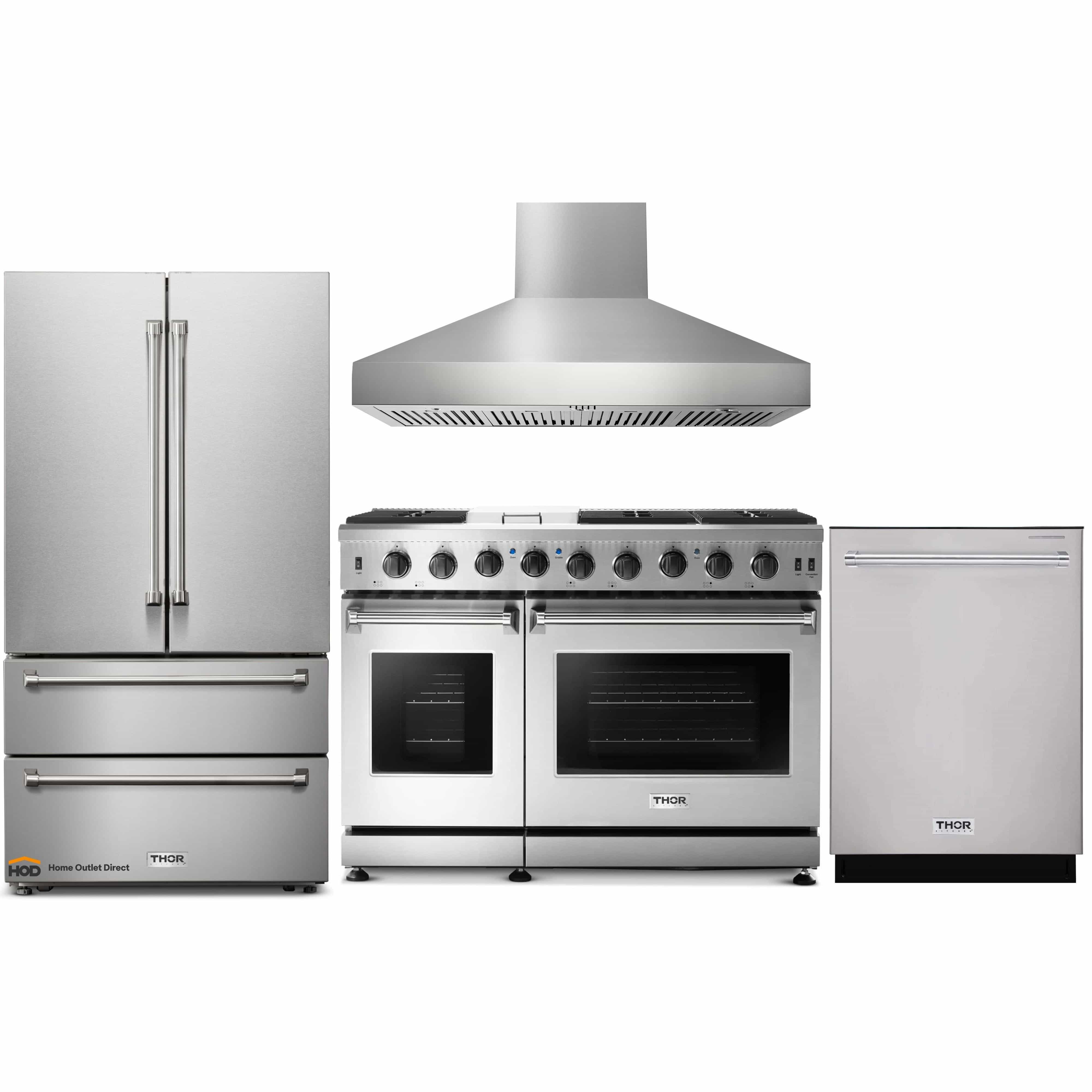 Thor Kitchen 4-Piece Appliance Package - 48-Inch Gas Range, Pro Wall Mount Hood, French Door Refrigerator, and Dishwasher in Stainless Steel