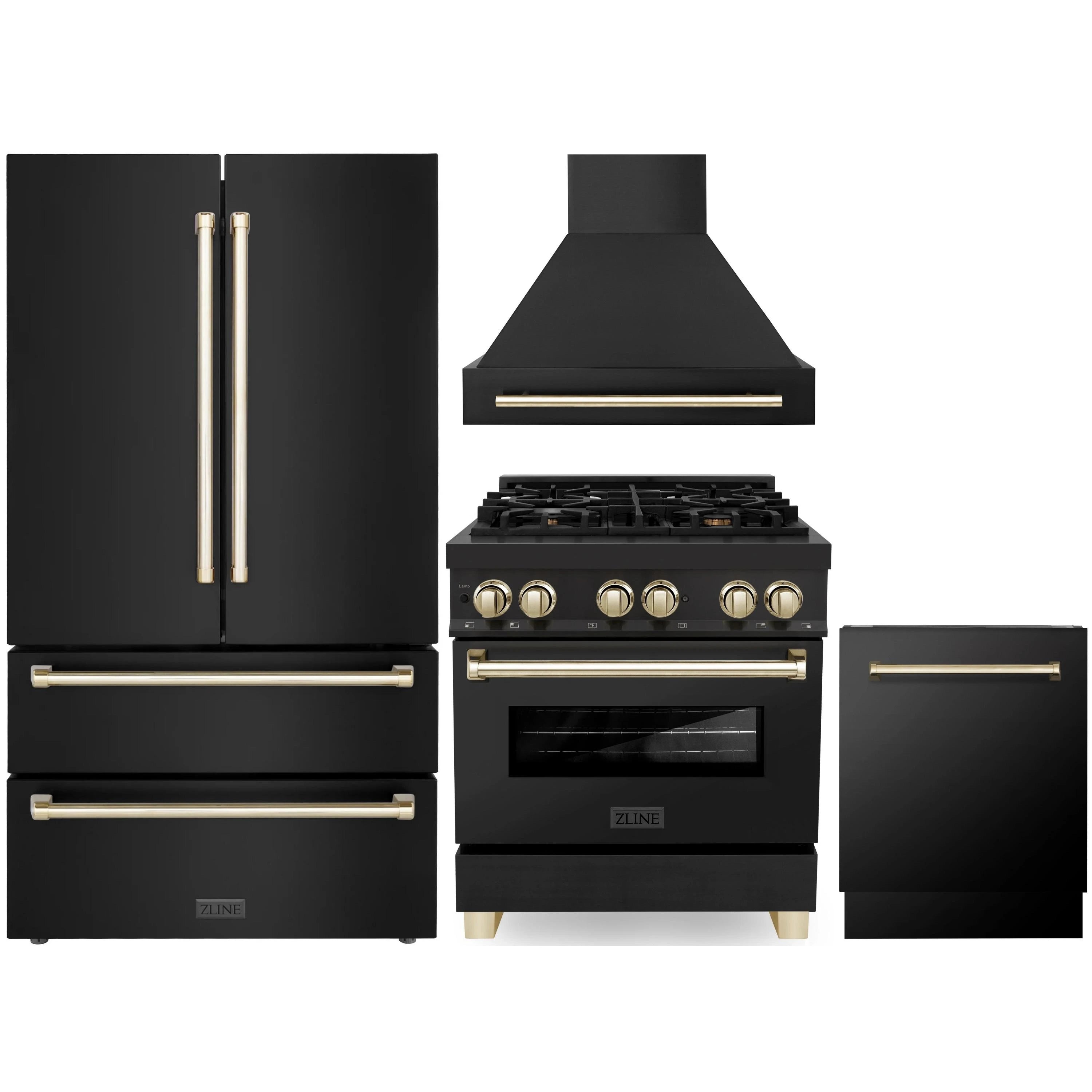 Black stainless dual fuel range with gold-trim knobs, plus wall hood and dishwasher set