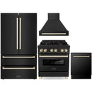 ZLINE Autograph Edition 4-Piece Appliance Package - 30-Inch Dual Fuel Range, Wall Mounted Range Hood, and 24-Inch Tall Tub Dishwasher in Black Stainless Steel with Gold Trim (4AKPR-RABRHDWV30-G)