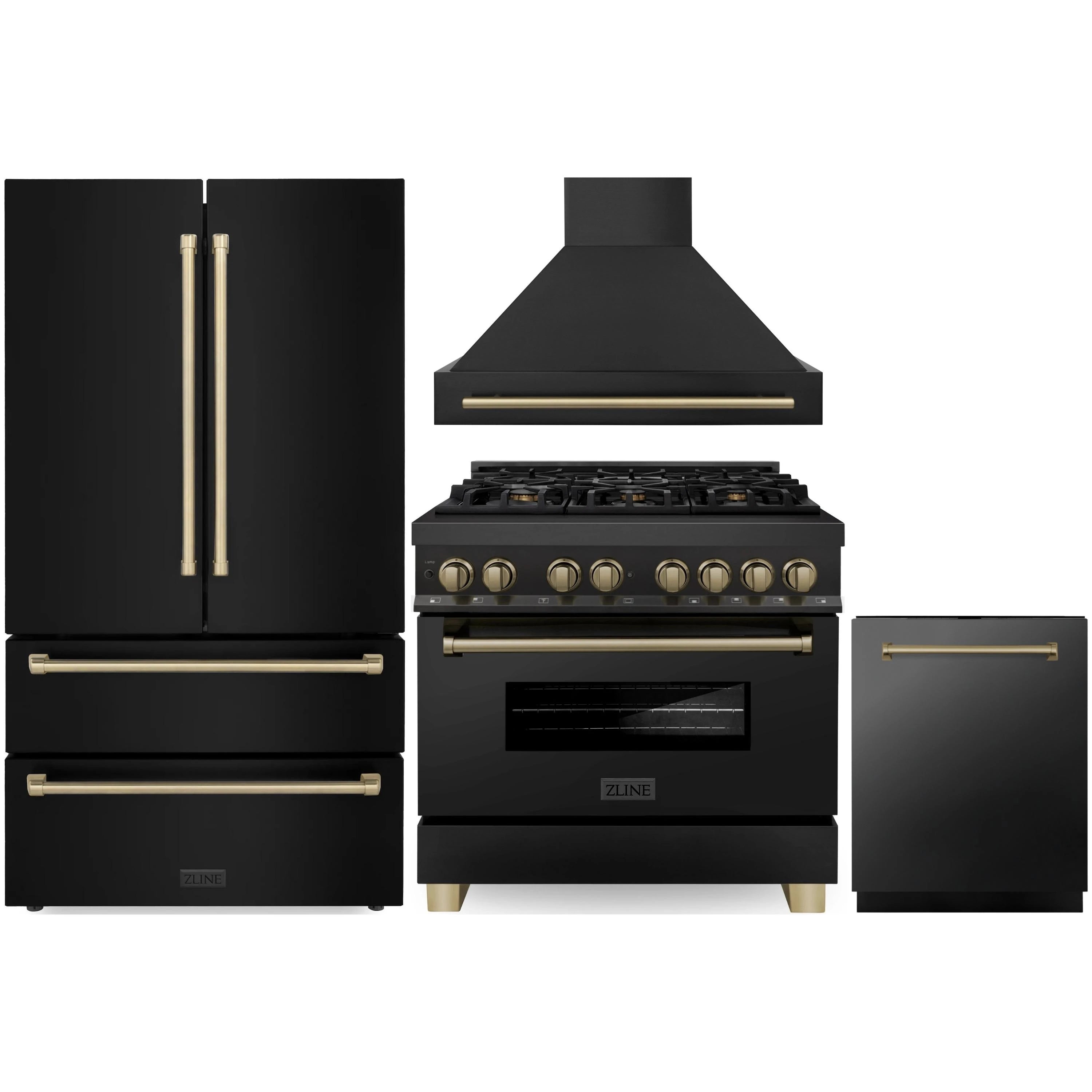 Kitchen appliance set: black range, wall hood, and matching refrigerator side-by-side.