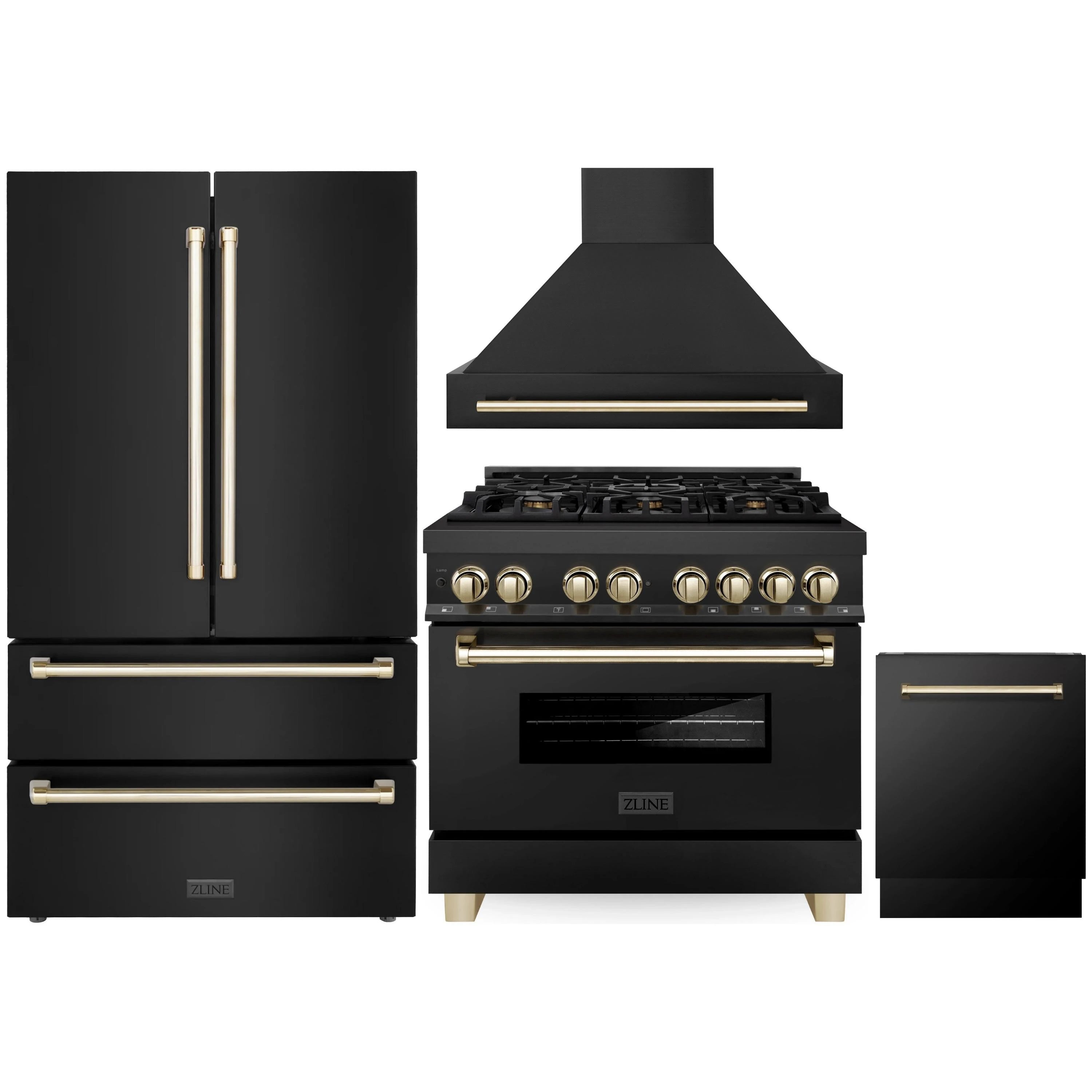 Black dual-fuel range with gold knobs and wall hood, flanked by black refrigerator doors