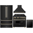 ZLINE Autograph Edition 4-Piece Appliance Package - 36-Inch Dual Fuel Range, Refrigerator, Wall Mounted Range Hood, and 24-Inch Tall Tub Dishwasher in Black Stainless Steel with Gold Trim (4AKPR-RABRHDWV36-G)