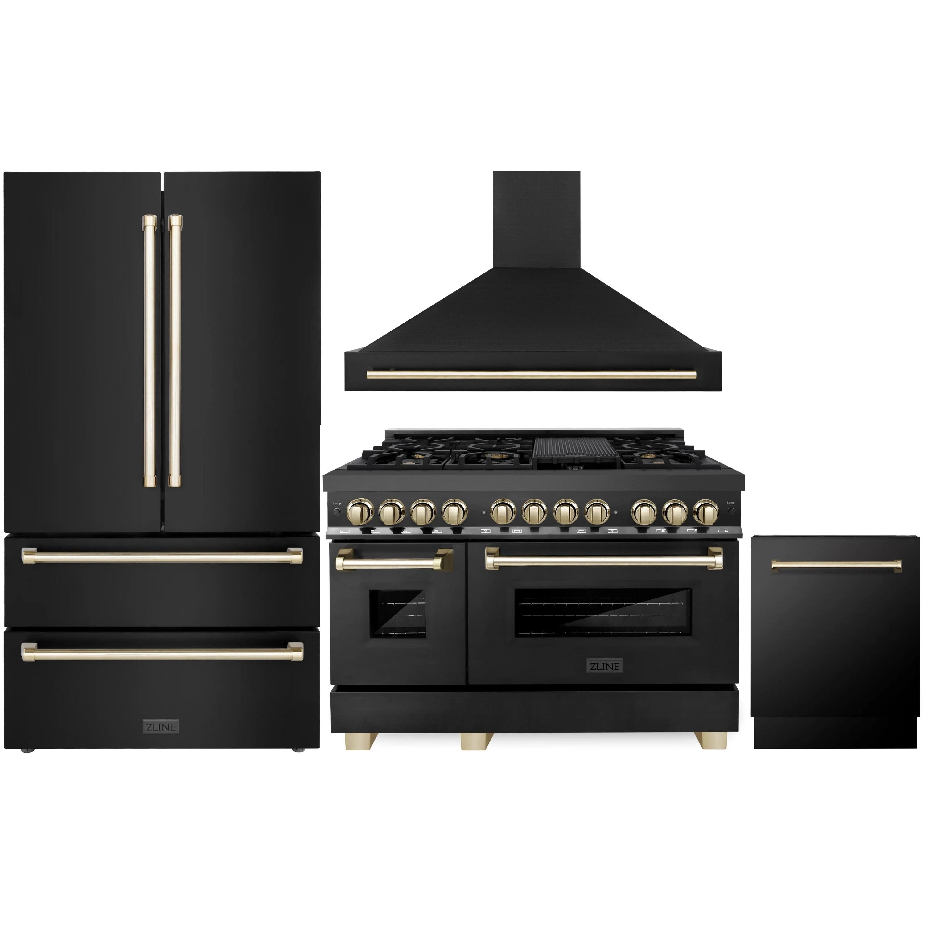 Black dual fuel range with gold knobs and grates, plus matching hood