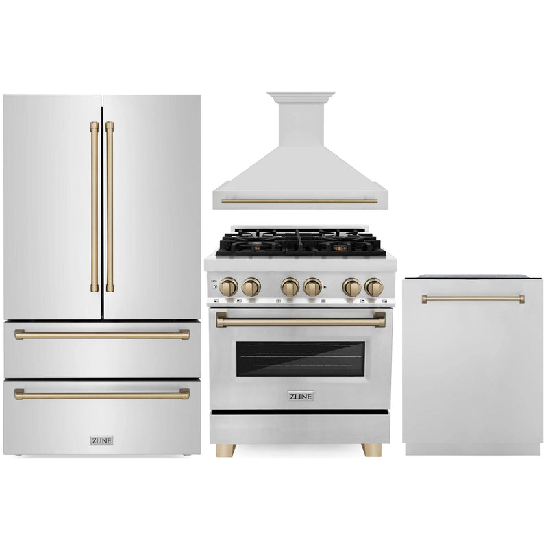 ZLINE Autograph Edition 4-Piece Appliance Package - 30-Inch Dual Fuel Range, Refrigerator, Wall Mounted Range Hood, & 24-Inch Tall Tub Dishwasher in Stainless Steel with Champagne Bronze Trim (4KAPR-RARHDWM30-CB)