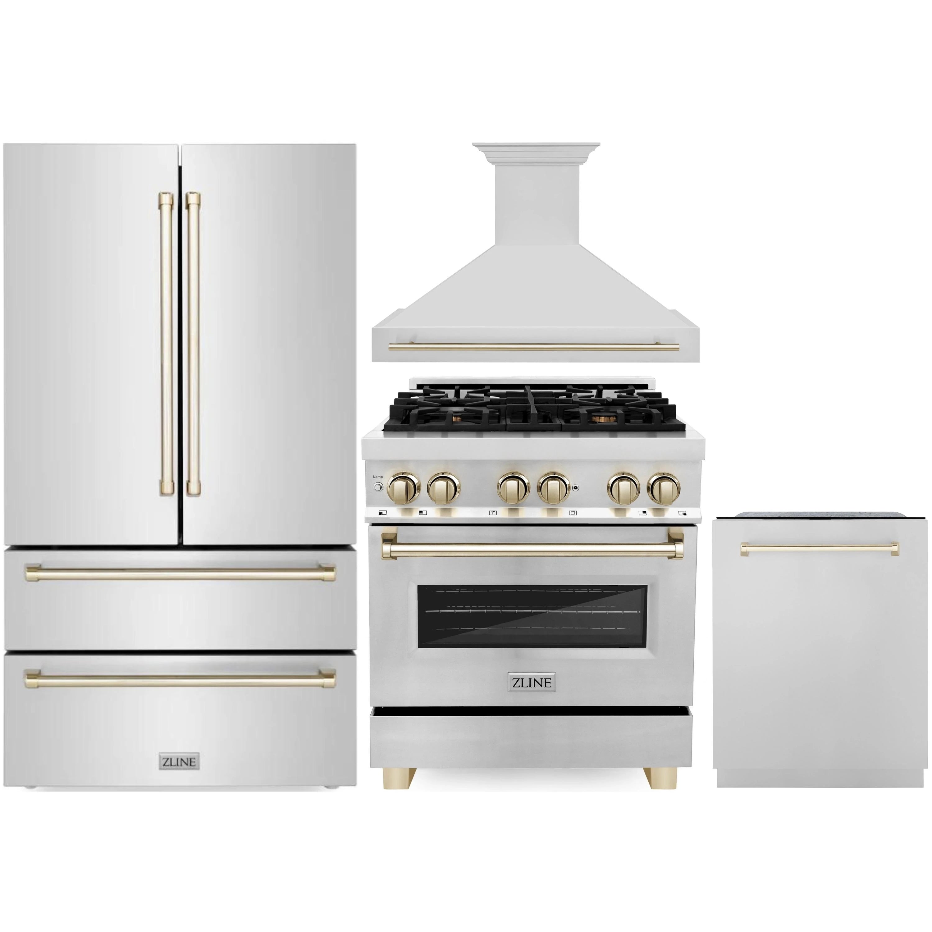 Kitchen appliance set showing refrigerator, gold-trimmed range, and range hood