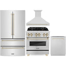 ZLINE Autograph Edition 4-Piece Appliance Package - 30-Inch Dual Fuel Range, Refrigerator, Wall Mounted Range Hood, & 24-Inch Tall Tub Dishwasher in Stainless Steel with Gold Trim (4KAPR-RARHDWM30-G)
