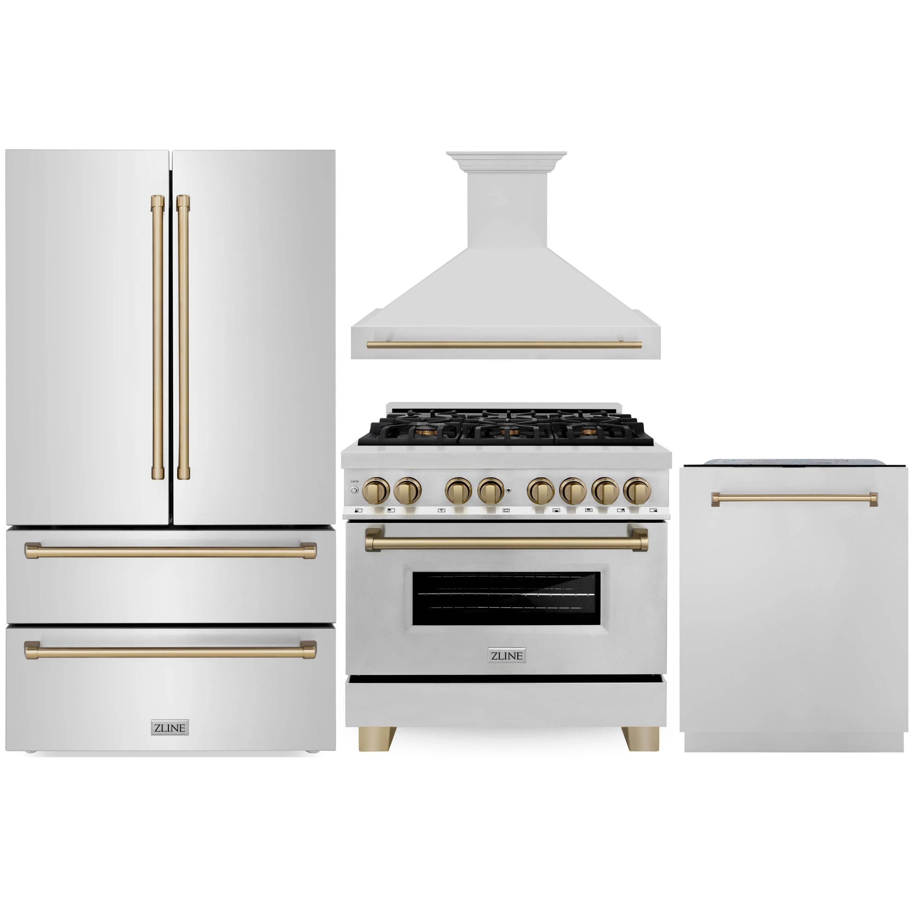 ZLINE Autograph Edition 4-Piece Appliance Package - 36-Inch Dual Fuel Range, Refrigerator, Wall Mounted Range Hood, and 24-Inch Tall Tub Dishwasher in Stainless Steel with Champagne Bronze Trim (4KAPR-RARHDWM36-CB)