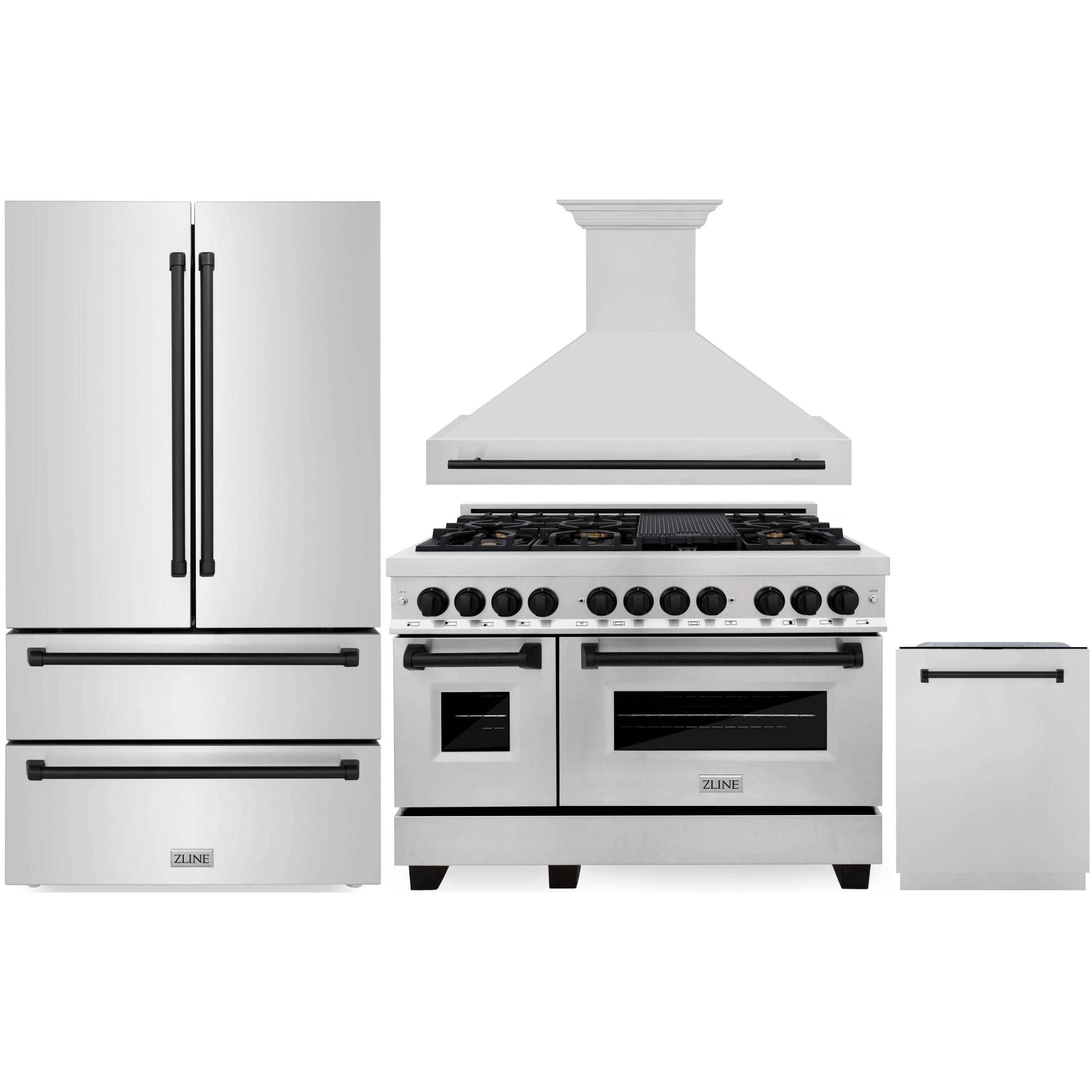 Stainless steel appliance package with refrigerator, dual-fuel range, hood, and dishwasher