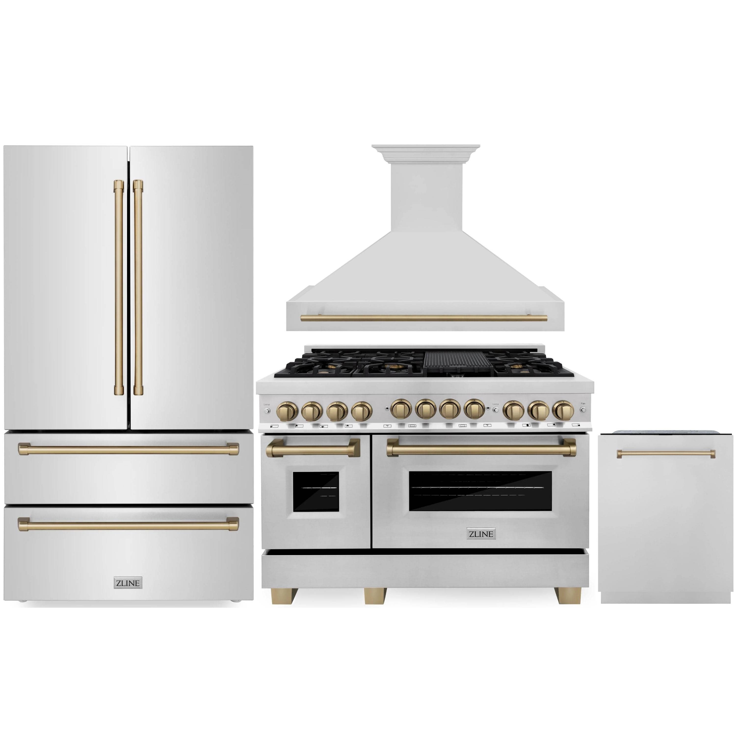 Stainless dual fuel range, freestanding with gold knobs and built-in oven doors