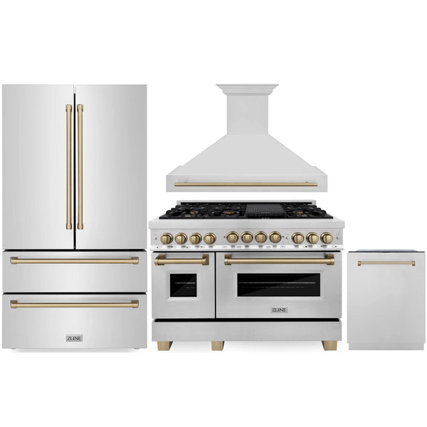 ZLINE Autograph Edition 4-Piece Appliance Package - 48-Inch Dual Fuel Range, Refrigerator, Wall Mounted Range Hood, & 24-Inch Tall Tub Dishwasher in Stainless Steel with Champagne Bronze Trim (4KAPR-RARHDWM48-CB)