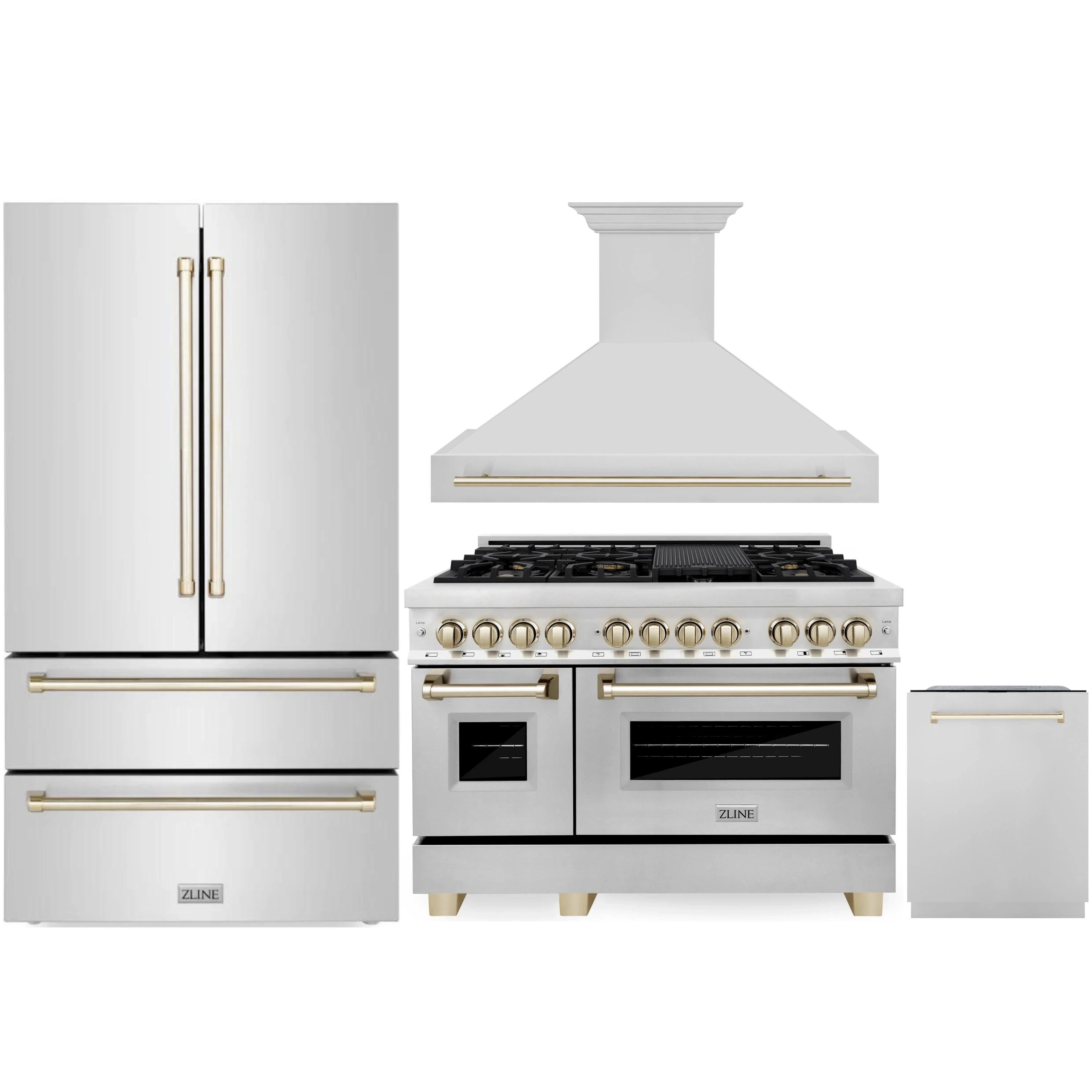 Kitchen appliance package with stainless refrigerator, dual fuel range, and wall hood