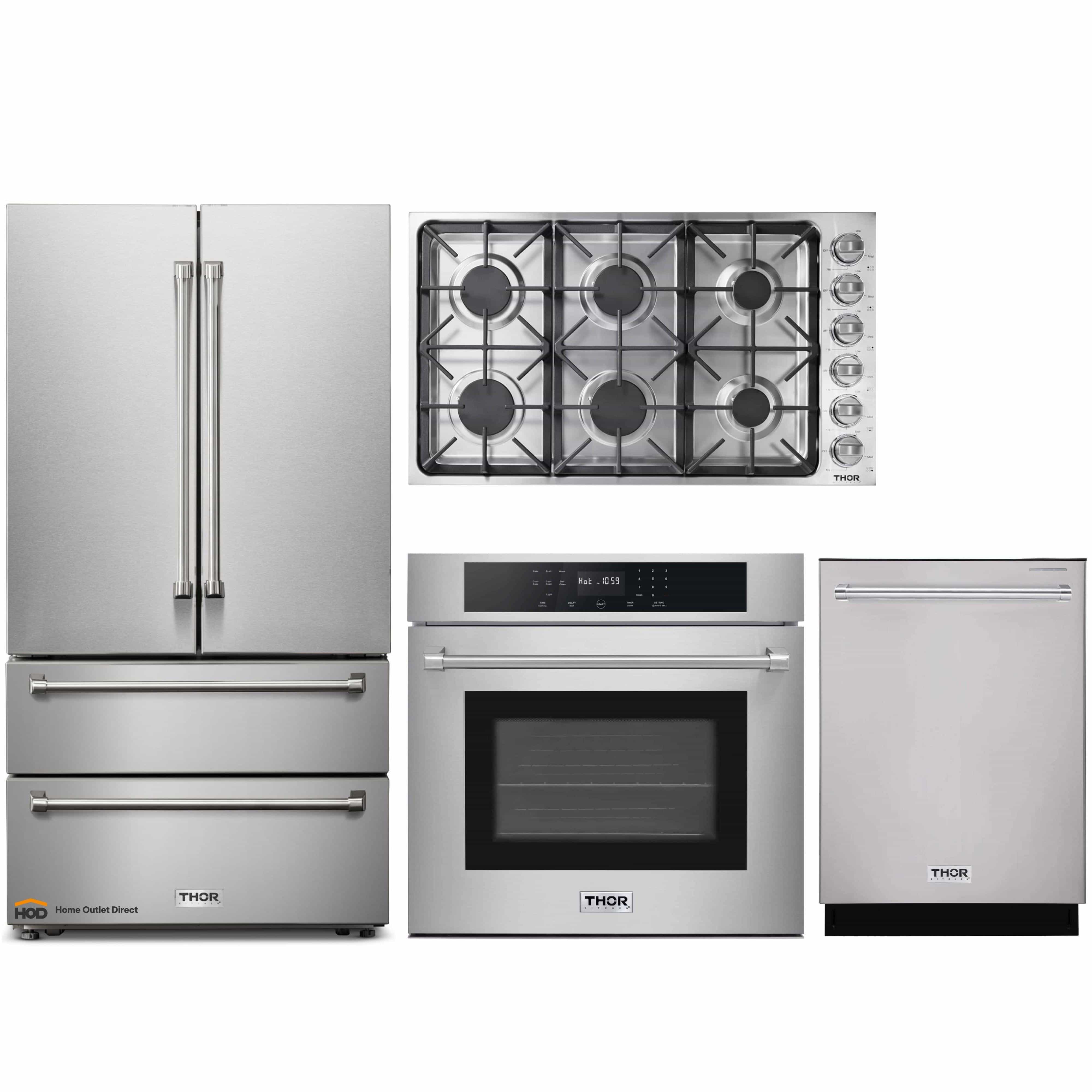 Thor Kitchen 4-Piece Pro Appliance Package - 36-Inch Gas Cooktop, Electric Wall Oven, Dishwasher & Refrigerator in Stainless Steel