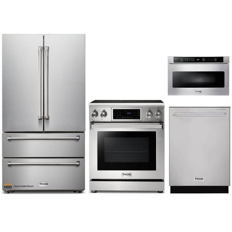 Thor Kitchen 4-Piece Appliance Package - 30-Inch Electric Range with Tilt Panel, French Door Refrigerator, Dishwasher, and Microwave Drawer in Stainless Steel