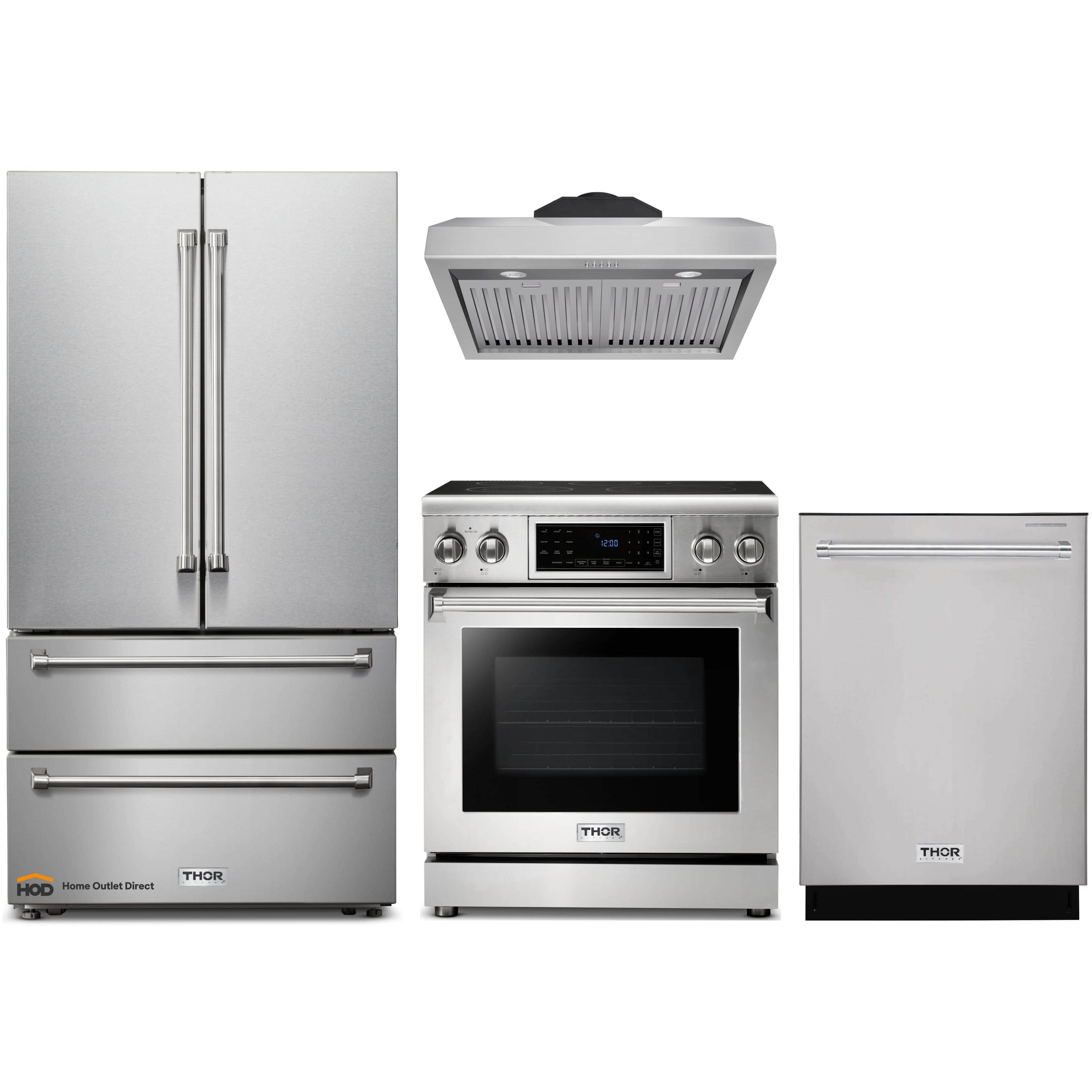 Thor Kitchen 4-Piece Appliance Package - 30-Inch Electric Range with Tilt Panel, French Door Refrigerator, Under Cabinet Hood, and Dishwasher in Stainless Steel