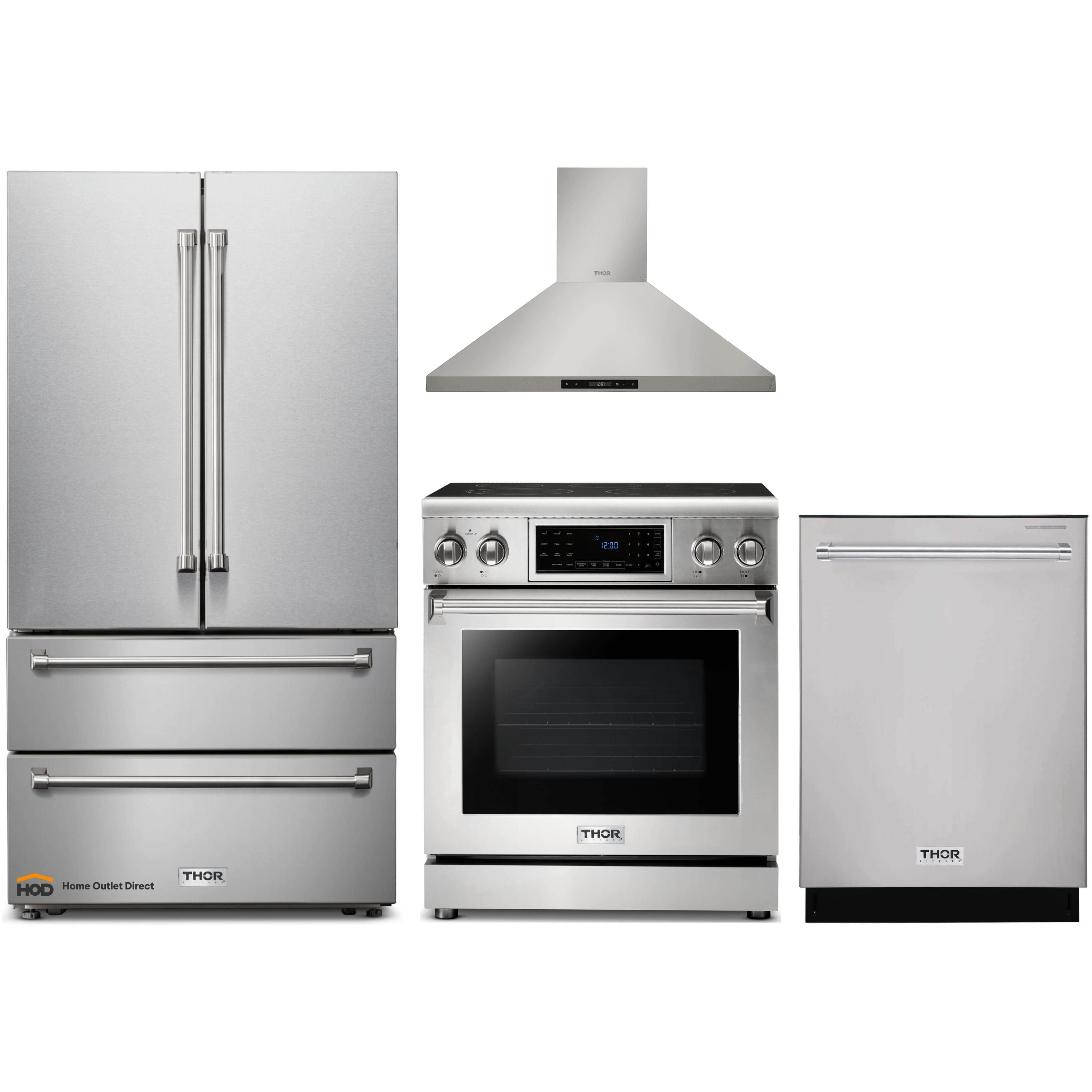 Thor Kitchen 4-Piece Appliance Package - 30-Inch Electric Range with Tilt Panel, French Door Refrigerator, Wall Mount Hood, and Dishwasher in Stainless Steel