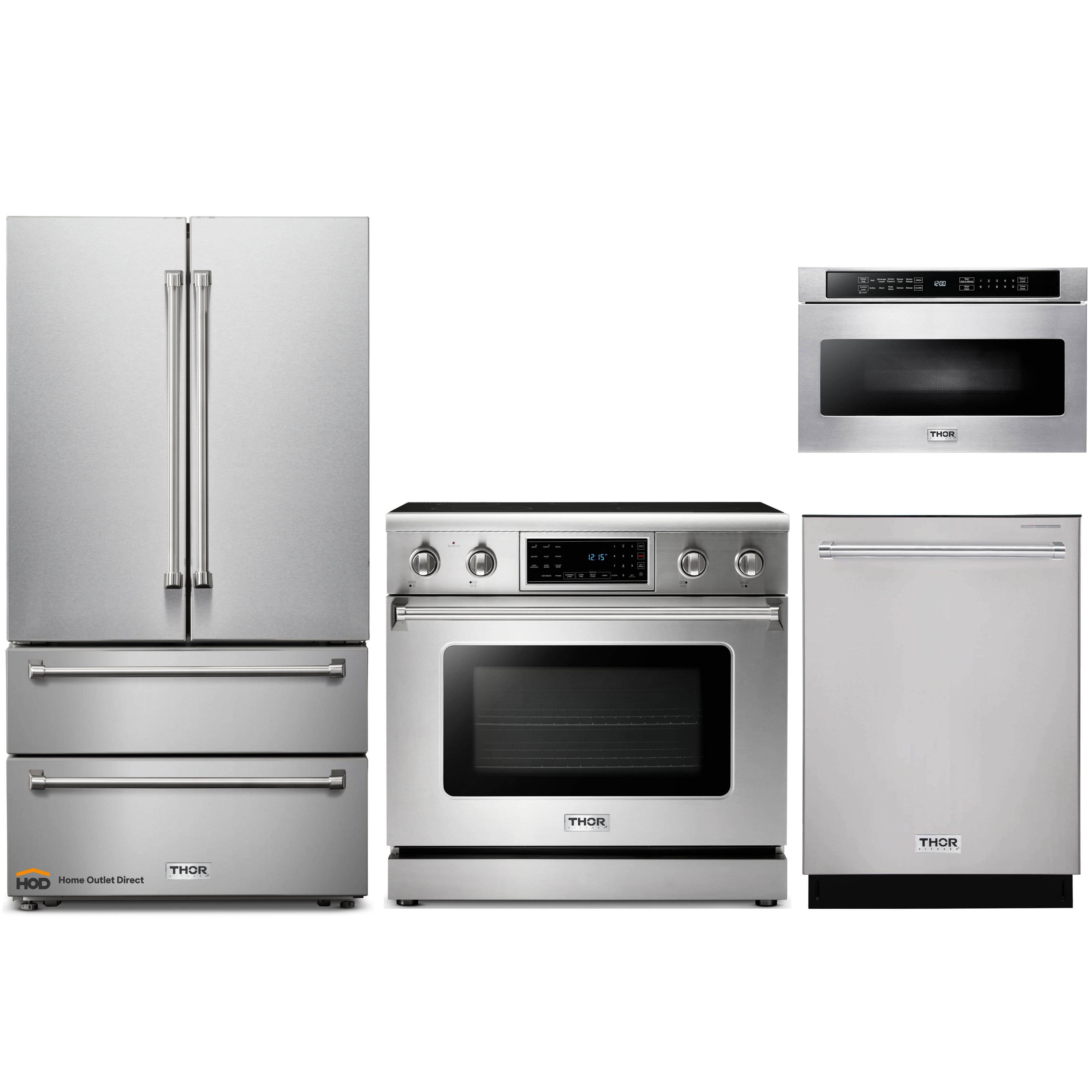 Thor Kitchen 4-Piece Appliance Package - 36-Inch Electric Range with Tilt Panel, French Door Refrigerator, Dishwasher, and Microwave Drawer in Stainless Steel