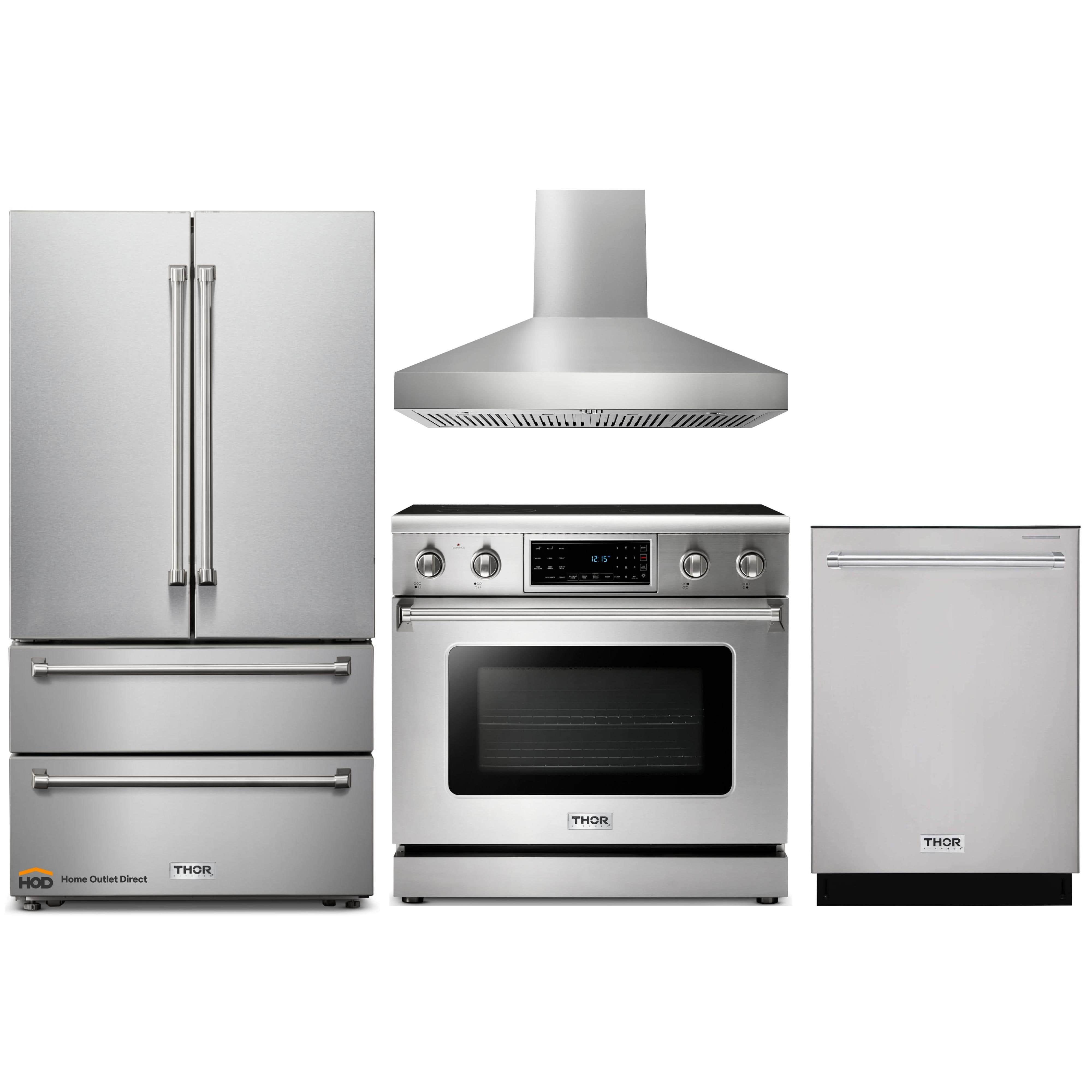 Thor Kitchen 4-Piece Appliance Package - 36-Inch Electric Range with Tilt Panel, French Door Refrigerator, Pro-Style Wall Mount Hood, and Dishwasher in Stainless Steel