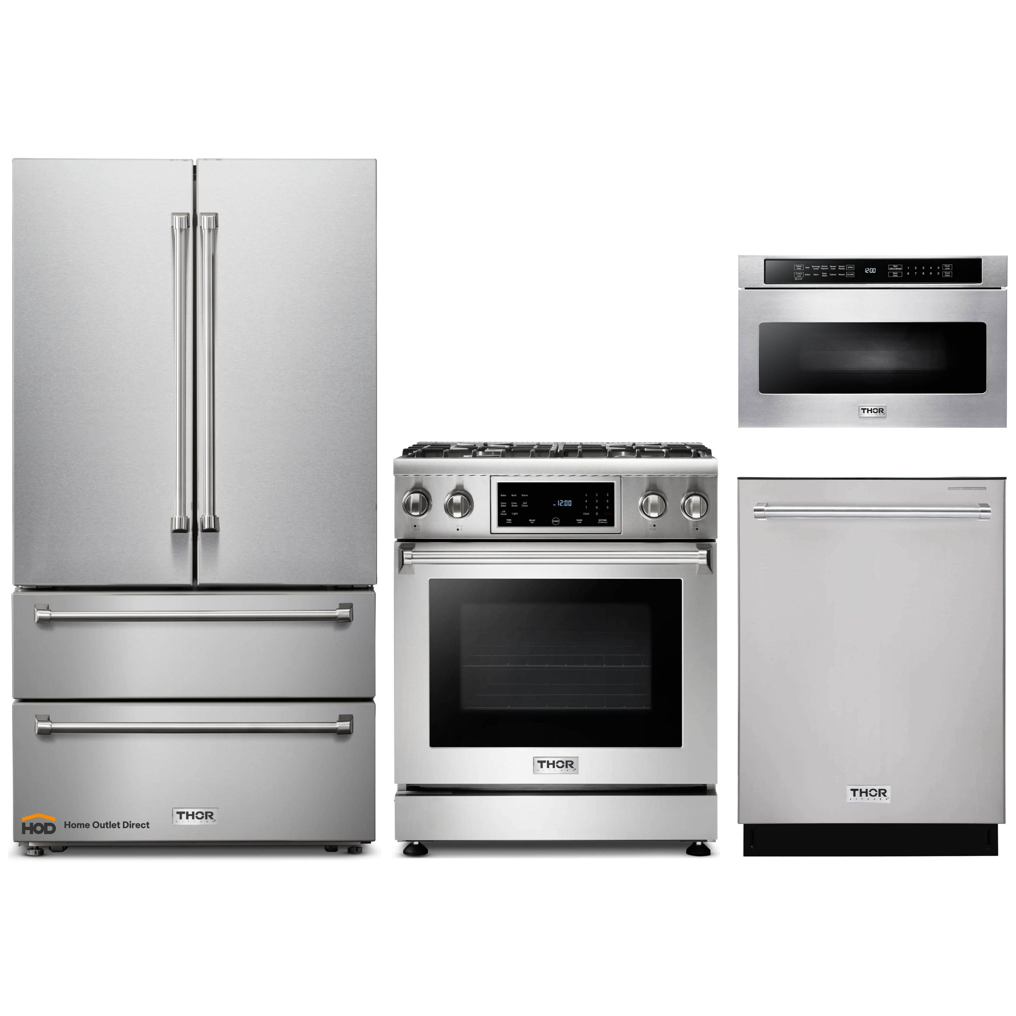 Thor Kitchen 4-Piece Appliance Package - 30-Inch Gas Range with Tilt Panel, French Door Refrigerator, Dishwasher, and Microwave Drawer in Stainless Steel