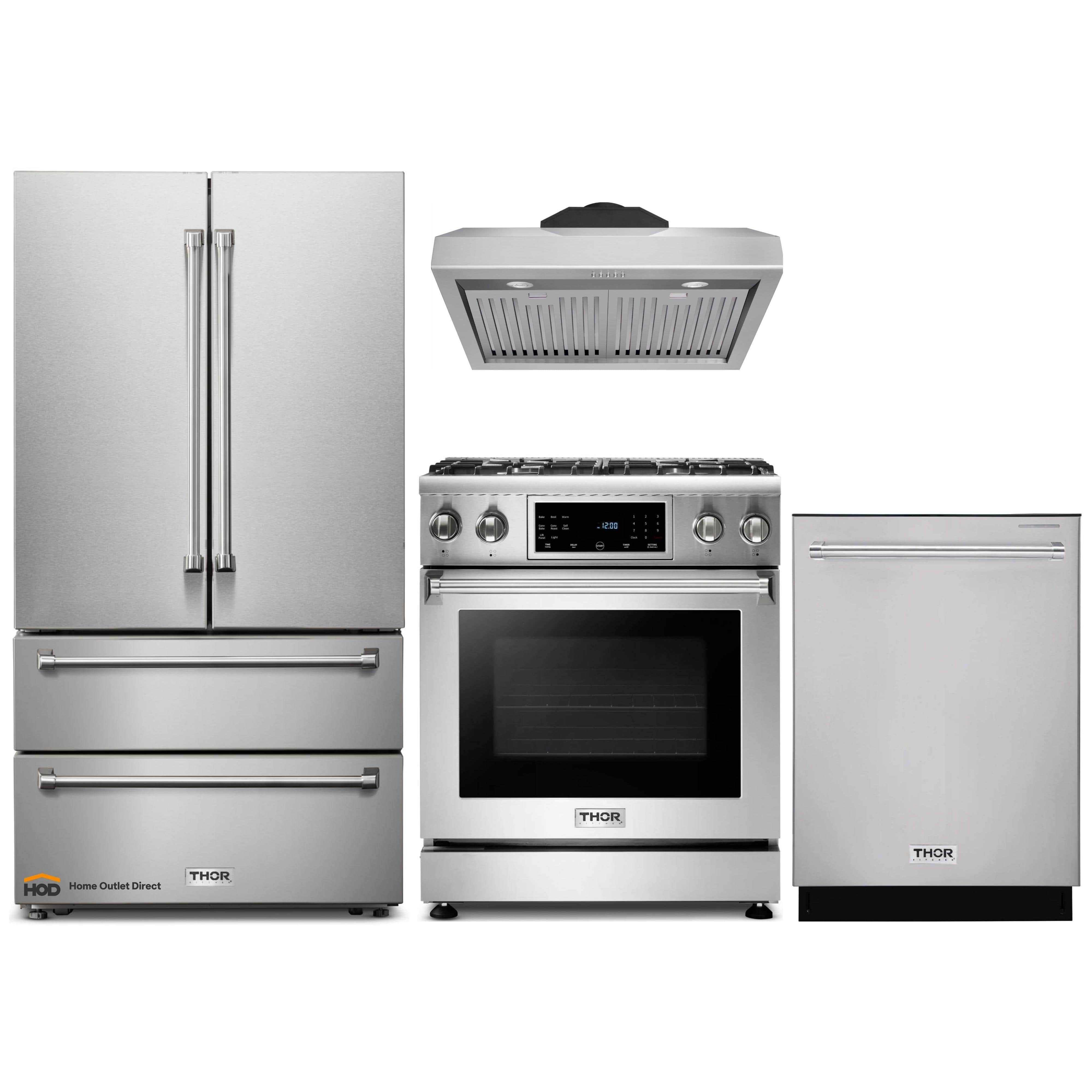 Thor Kitchen 4-Piece Appliance Package - 30-Inch Gas Range with Tilt Panel, French Door Refrigerator, Under Cabinet Hood and Dishwasher in Stainless Steel