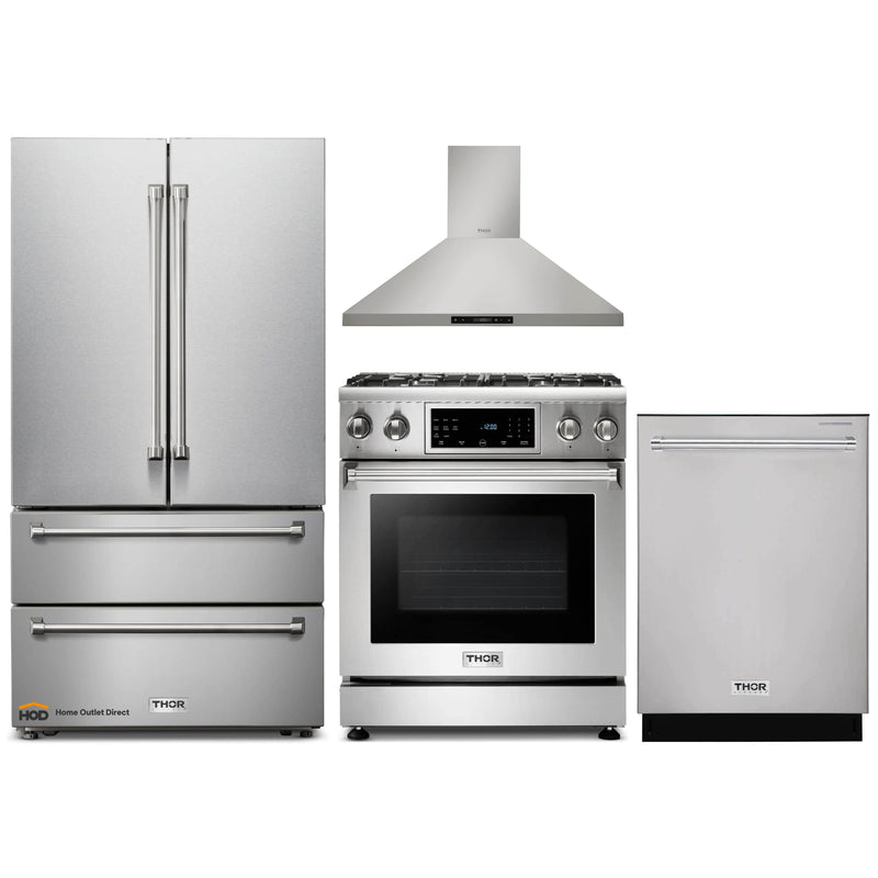 Thor Kitchen 4-Piece Appliance Package - 30-Inch Gas Range with Tilt Panel, French Door Refrigerator, Wall Mount Hood, and Dishwasher in Stainless Steel