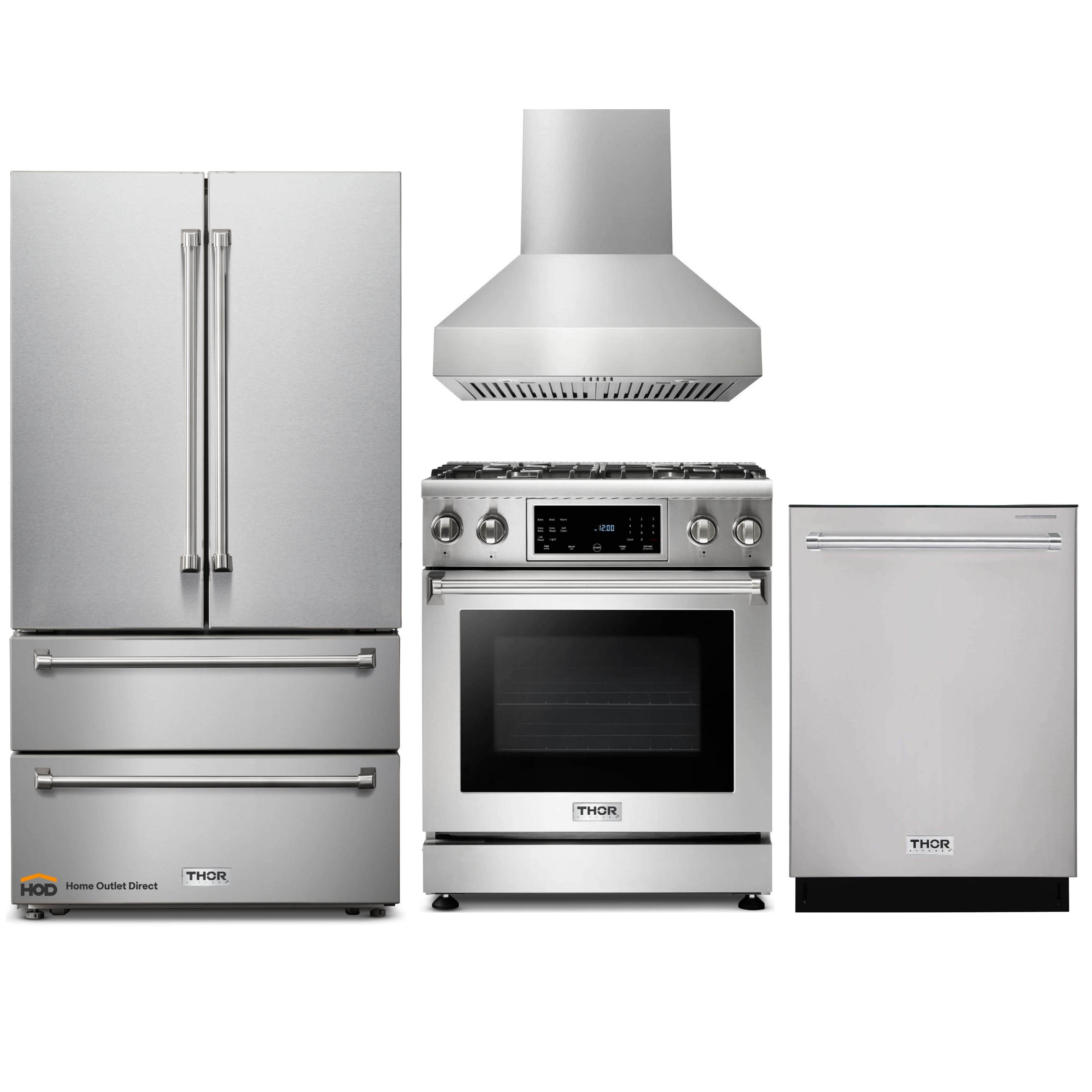 Thor Kitchen 4-Piece Appliance Package - 30-Inch Gas Range with Tilt Panel, French Door Refrigerator, Pro-Style Wall Mount Hood, and Dishwasher in Stainless Steel